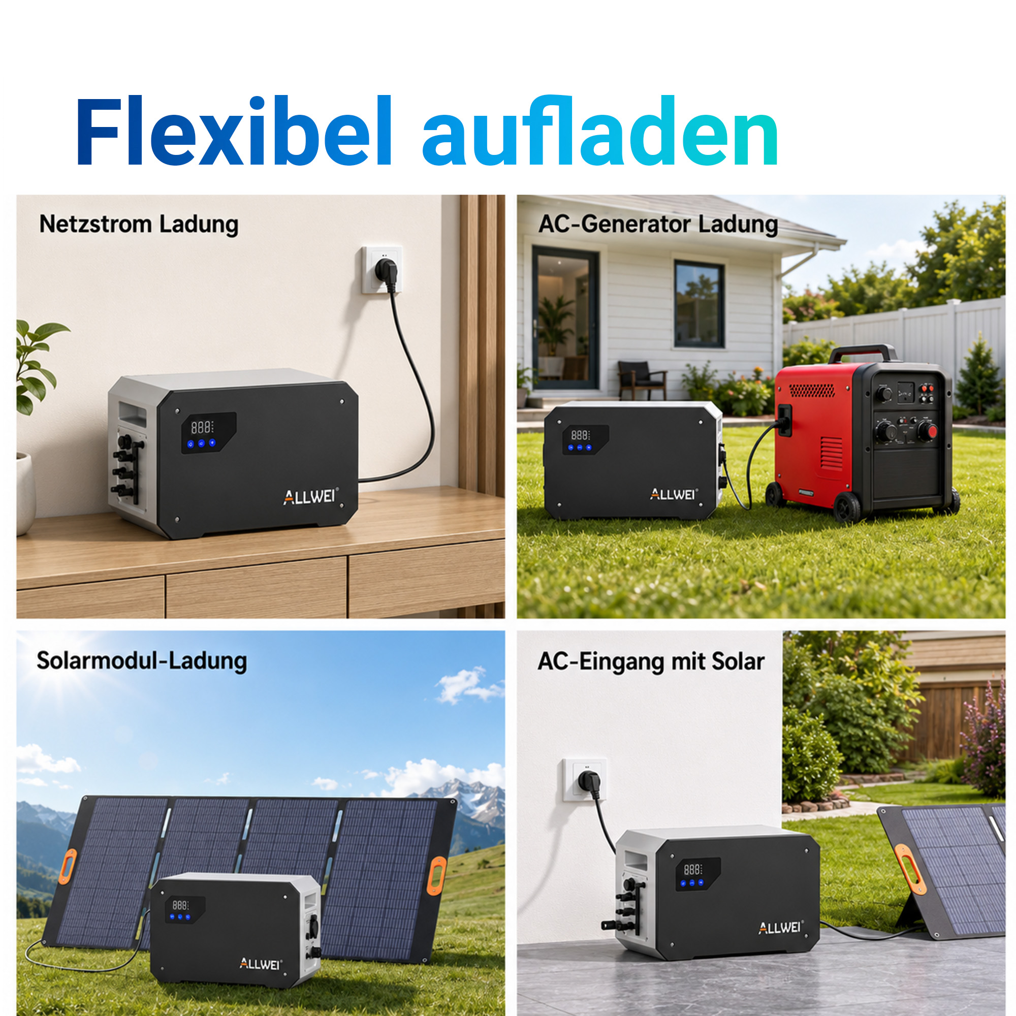 Vier Bilder zeigen verschiedene Methoden zum Aufladen der Allwei Powerstation: Netzstrom, Generator, Solar und Kombi.