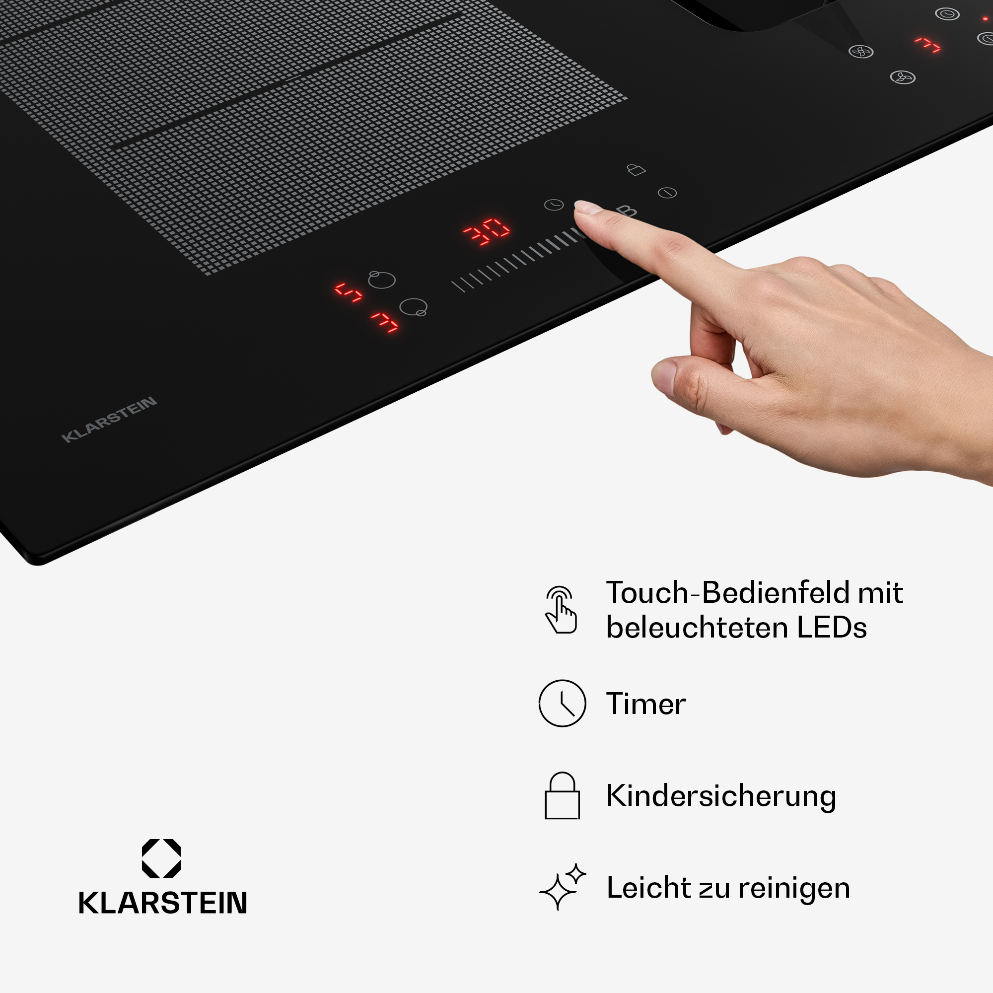Eine Hand berührt das Touch-Bedienfeld eines schwarzen Klarstein-Induktionskochfelds mit roten LED-Anzeigen.