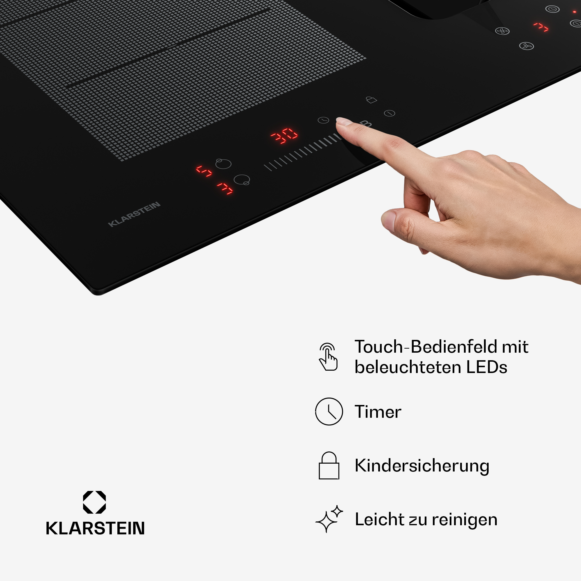 Hand bedient ein schwarzes Klarstein Induktionskochfeld mit Touch-Bedienfeld und roten LED-Anzeigen.