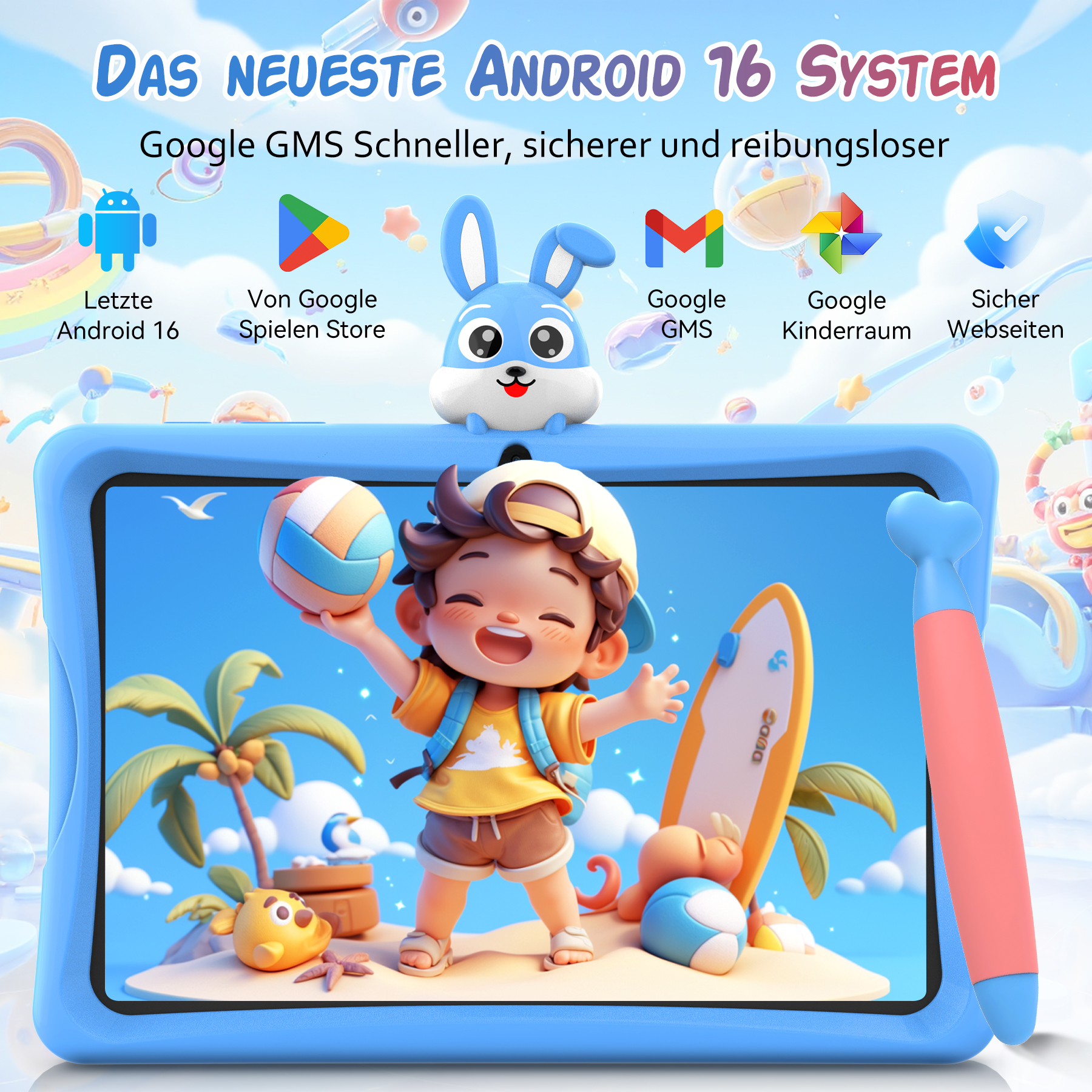 Ein blaues Kindertablet zeigt einen Zeichentrickjungen am Strand mit Symbolen und deutschem Text oben.