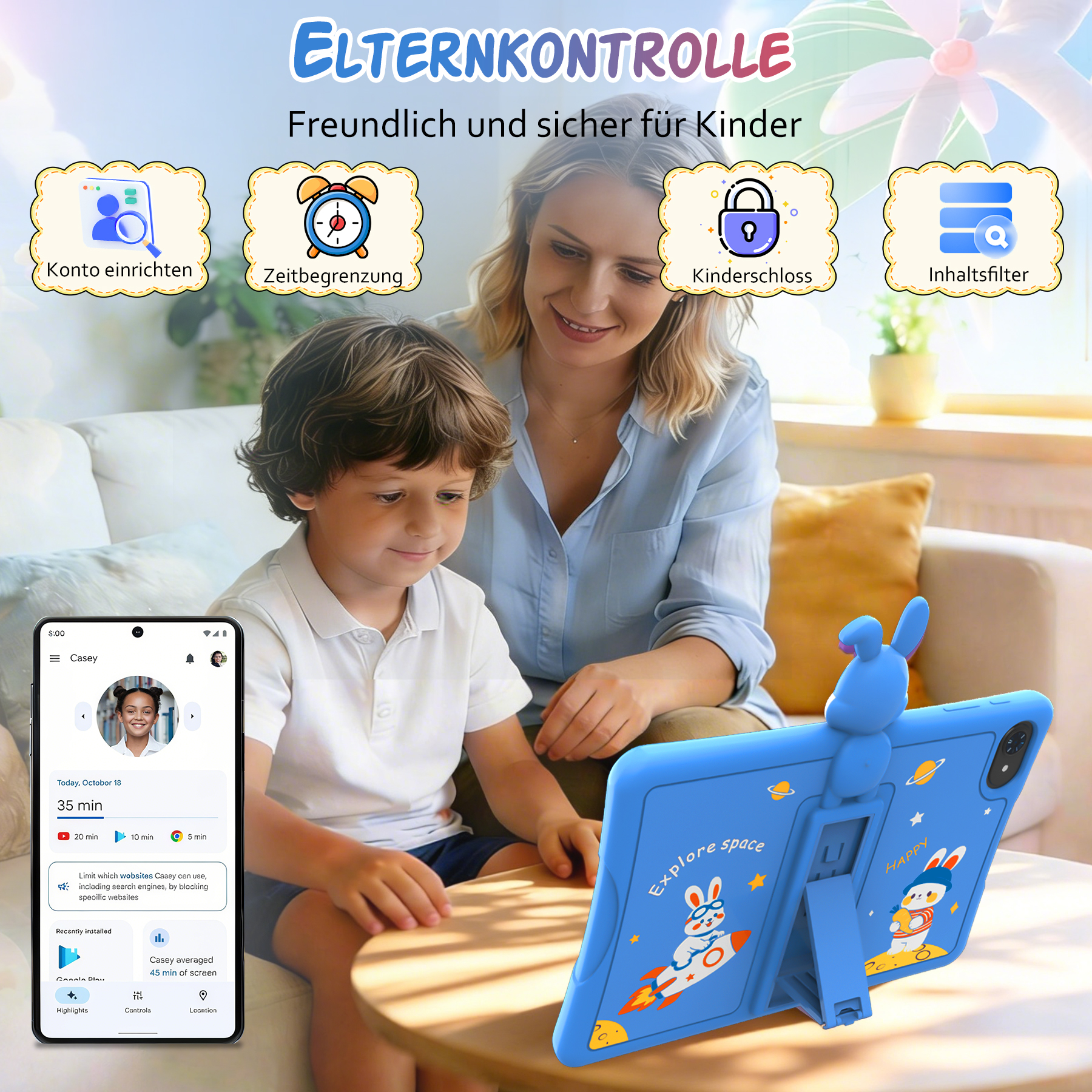 Mutter und Kind schauen auf ein blaues Tablet mit Raumfahrtmotiven; Symbole zeigen elterliche Kontrollfunktionen.