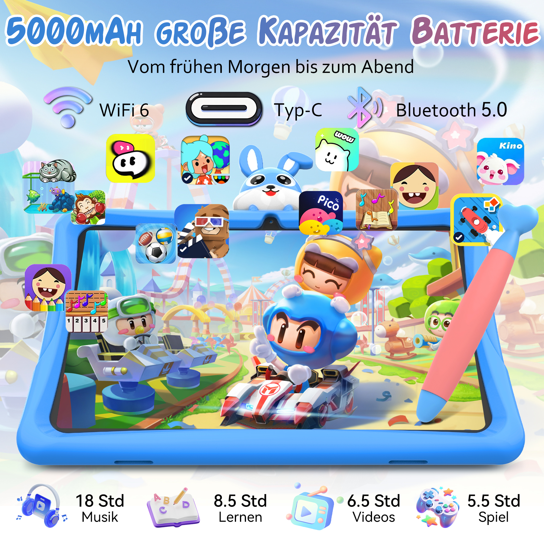 Kinder-Tablet in Blau mit bunten App-Symbolen, Cartoon-Charakteren und Stift.