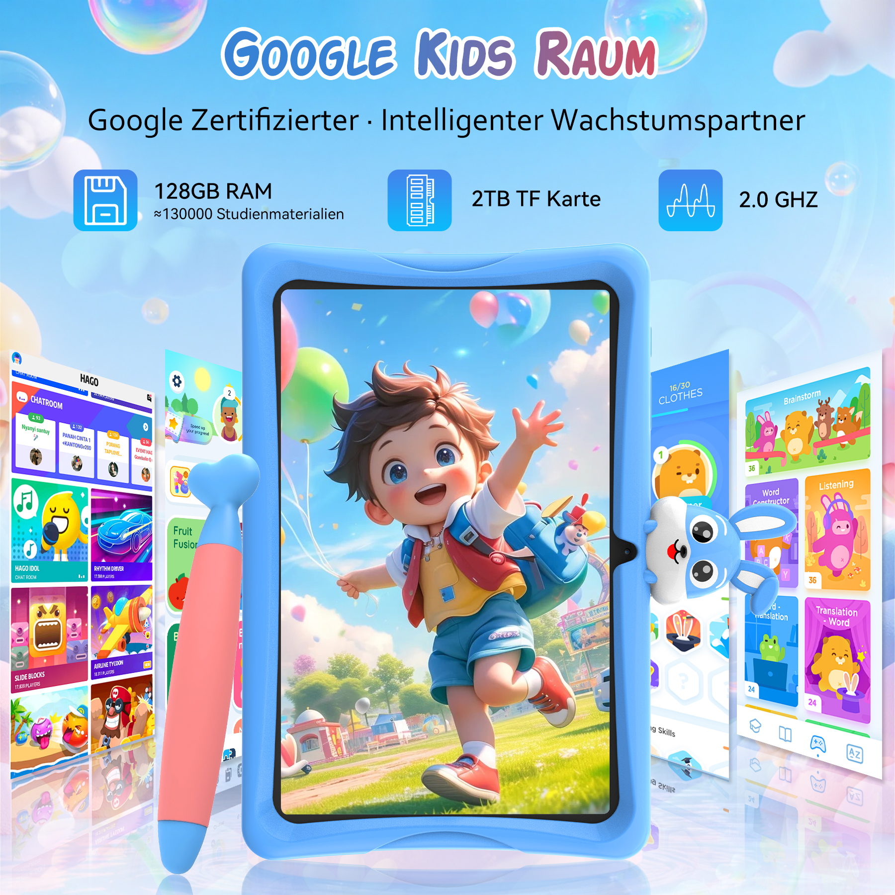 Kinder-Tablet mit blauem Gehäuse, Touchpen, animiertem Jungen-Bildschirm und technischen Symbolen.