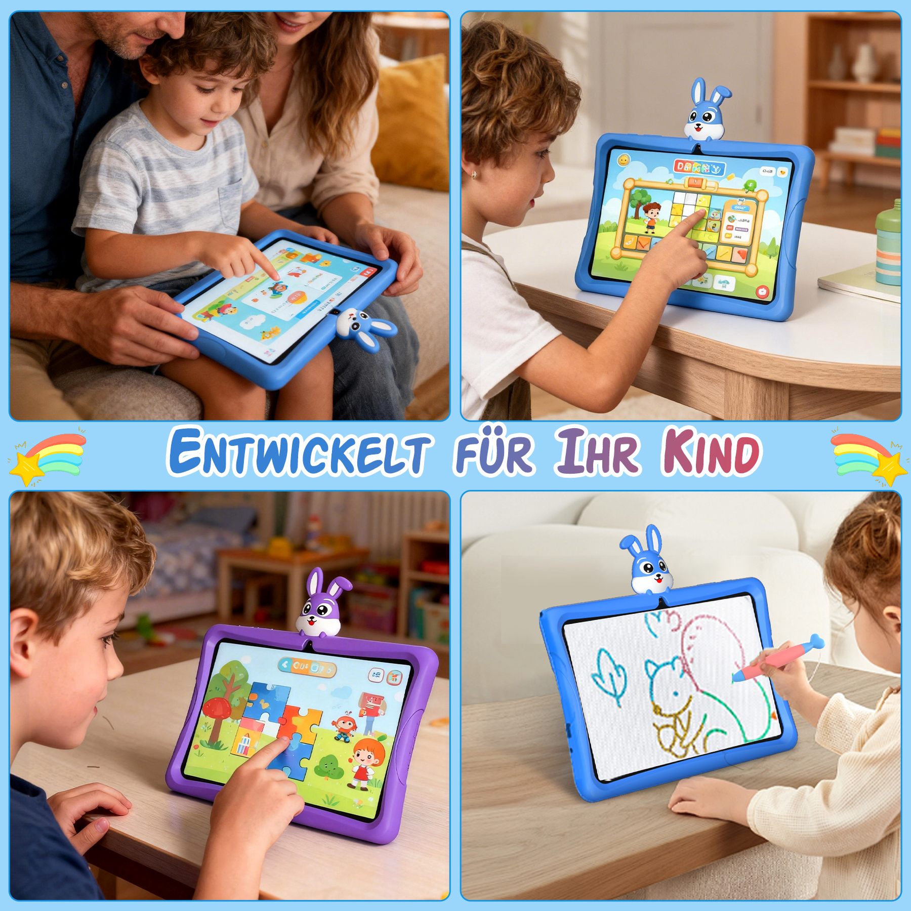 Vier Bilder von Kindern, die mit blauen und violetten Lerntablets mit Hasenaufsatz spielen.