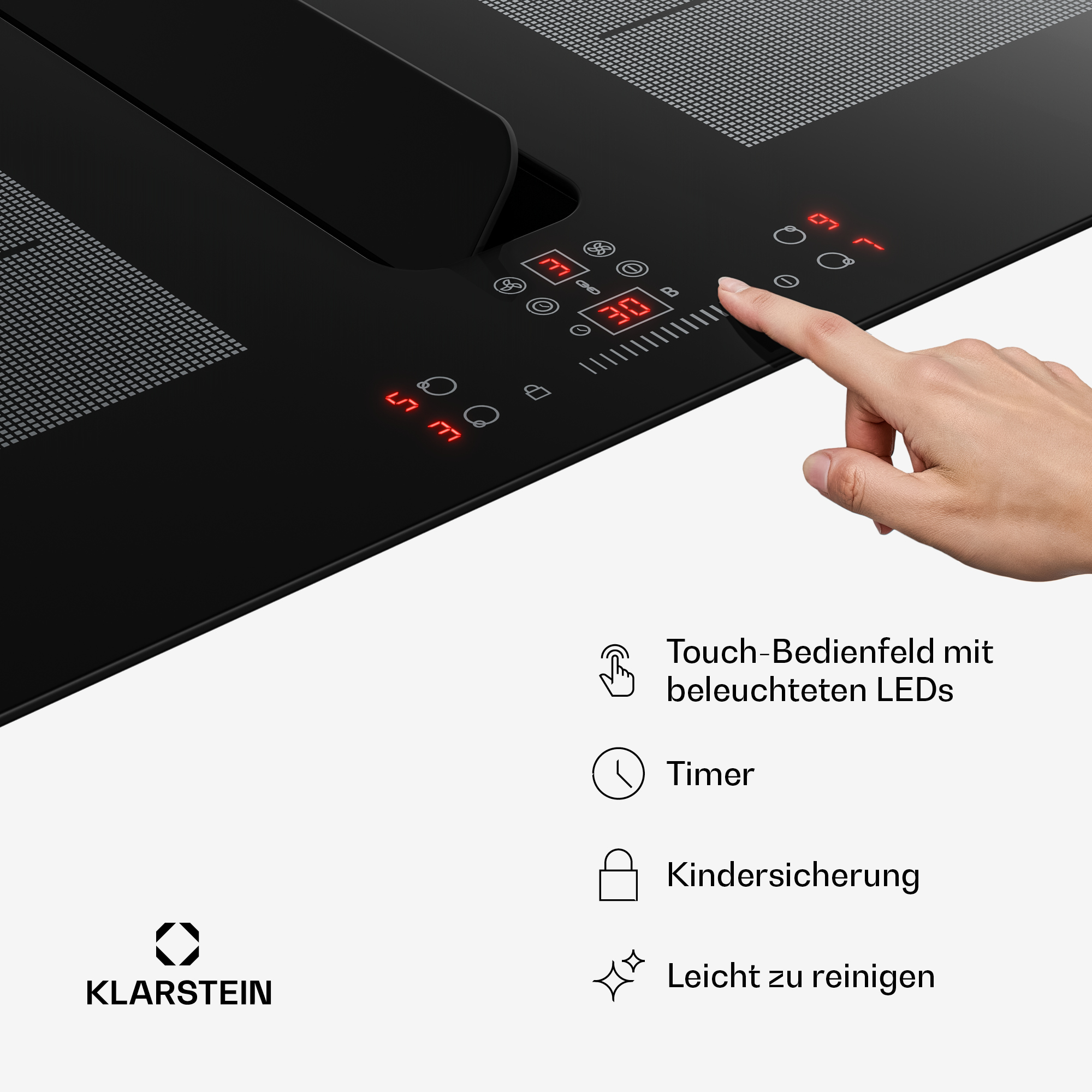 Hand bedient schwarzes Induktionskochfeld mit Touch-Bedienfeld und LEDs.