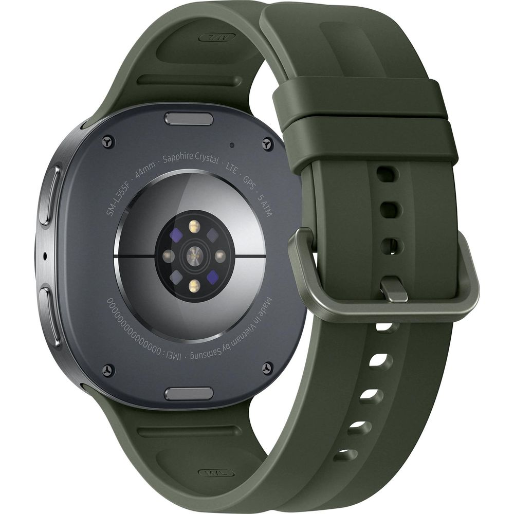 Rückseite einer grünen Smartwatch mit Sensoren, Knöpfen an der Seite und einem Silikonarmband.