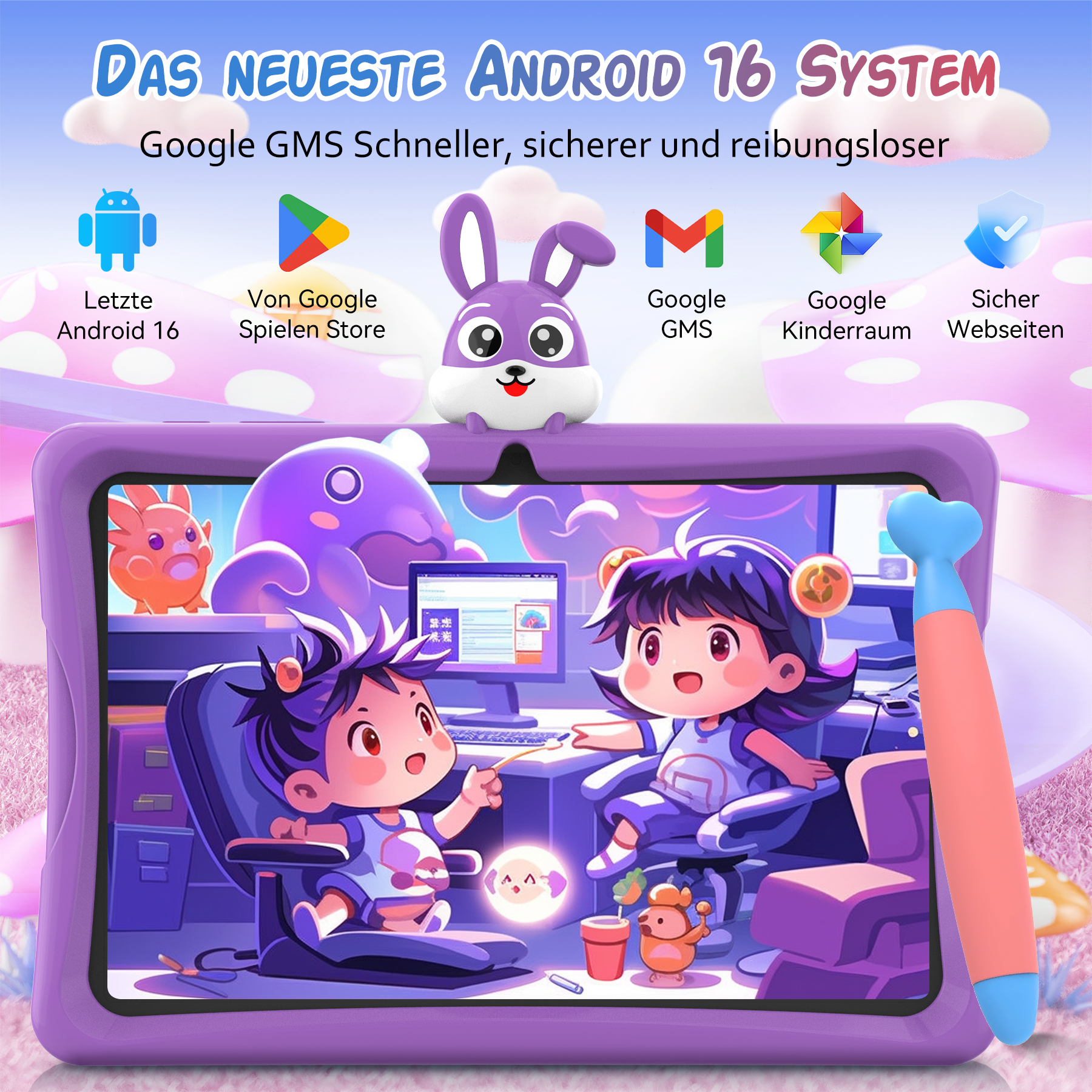 Kinder-Tablet in Lila mit Android 16, niedlichem Hasenhalter, Stift und Cartoon-Desktop-Hintergrund.