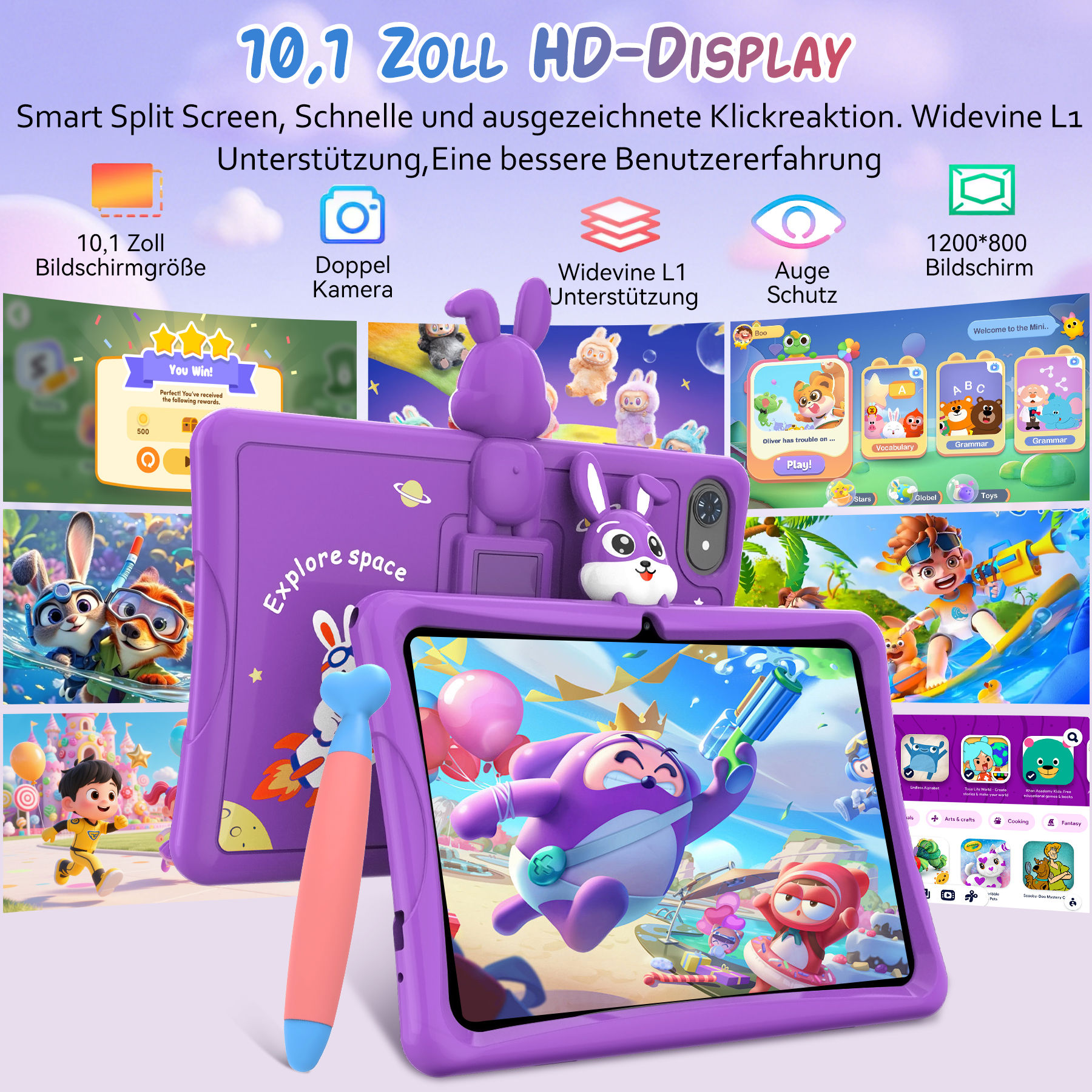 Lila Kinder-Tablet mit Hasen-Schutzhülle und Stift, umgeben von bunten App-Symbolen.