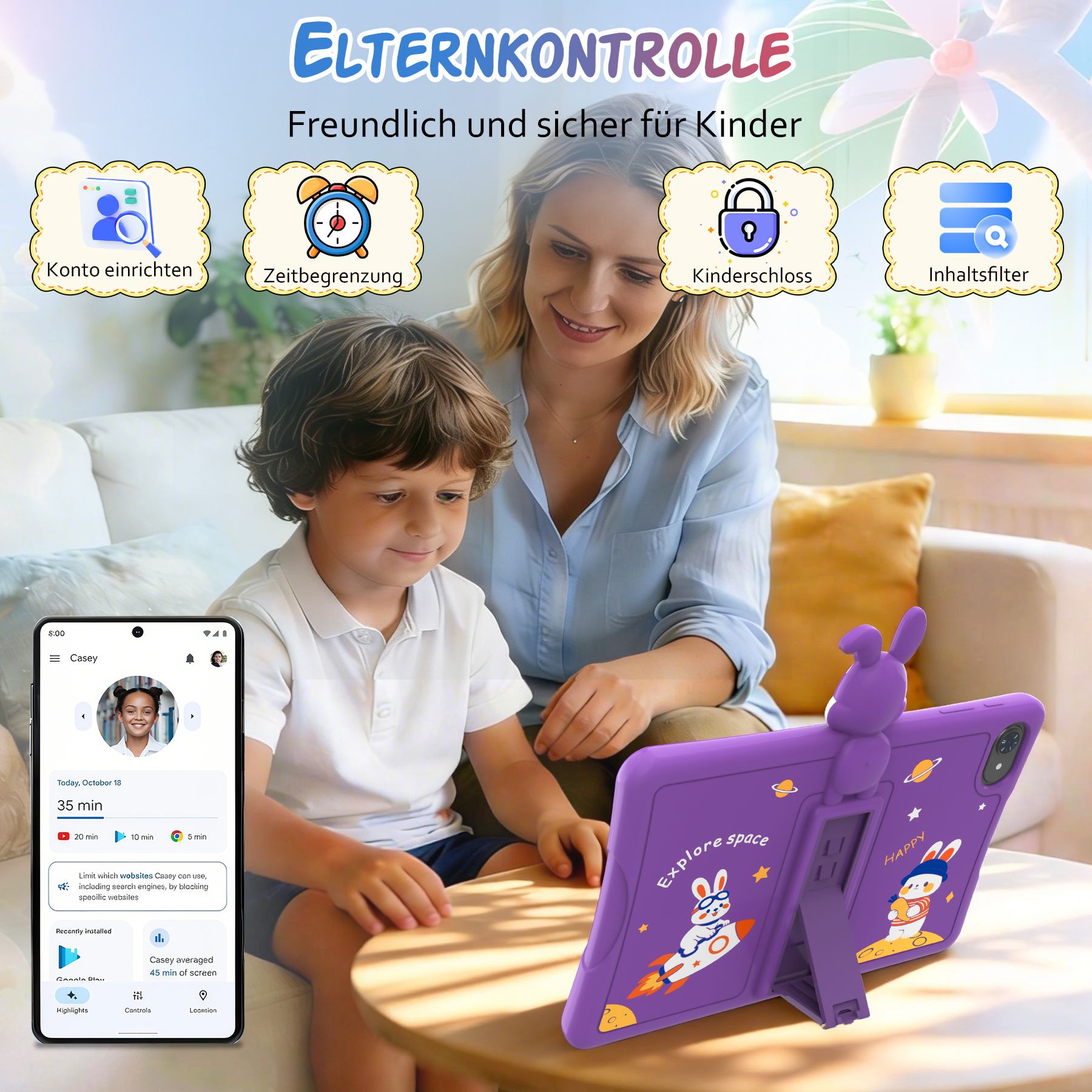 Mutter und Kind nutzen ein lila Tablet mit elterlichen Kontrollen.