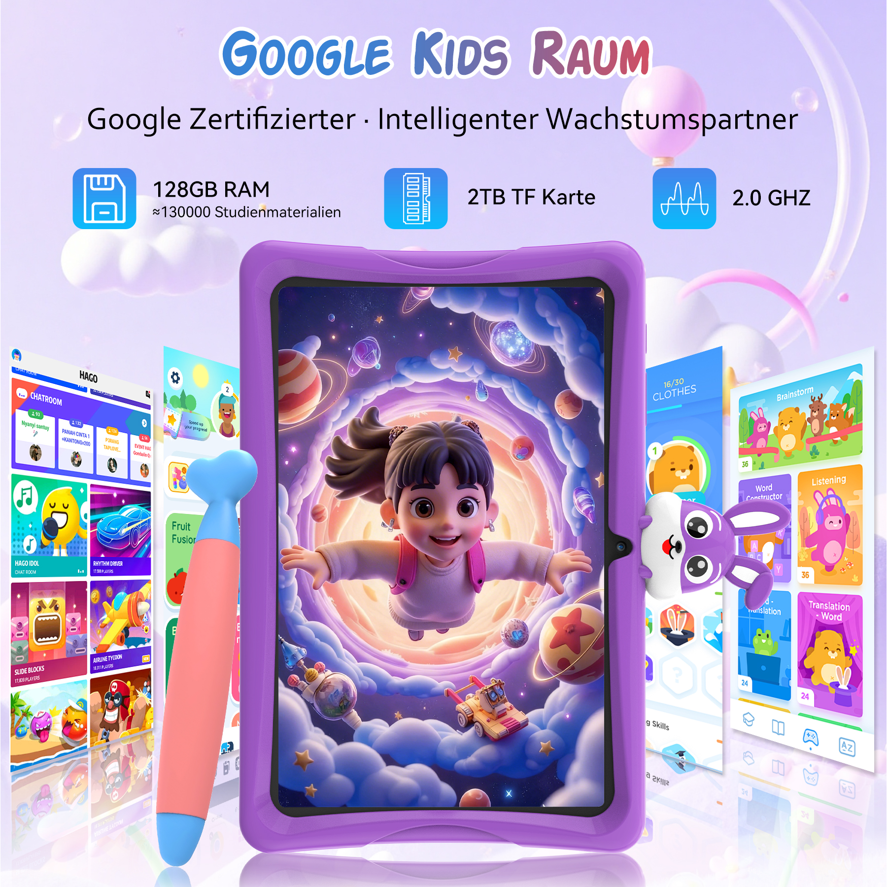 Lila Kinder-Tablet mit Cartoon-Hintergrund, Stift und Lern-Apps.