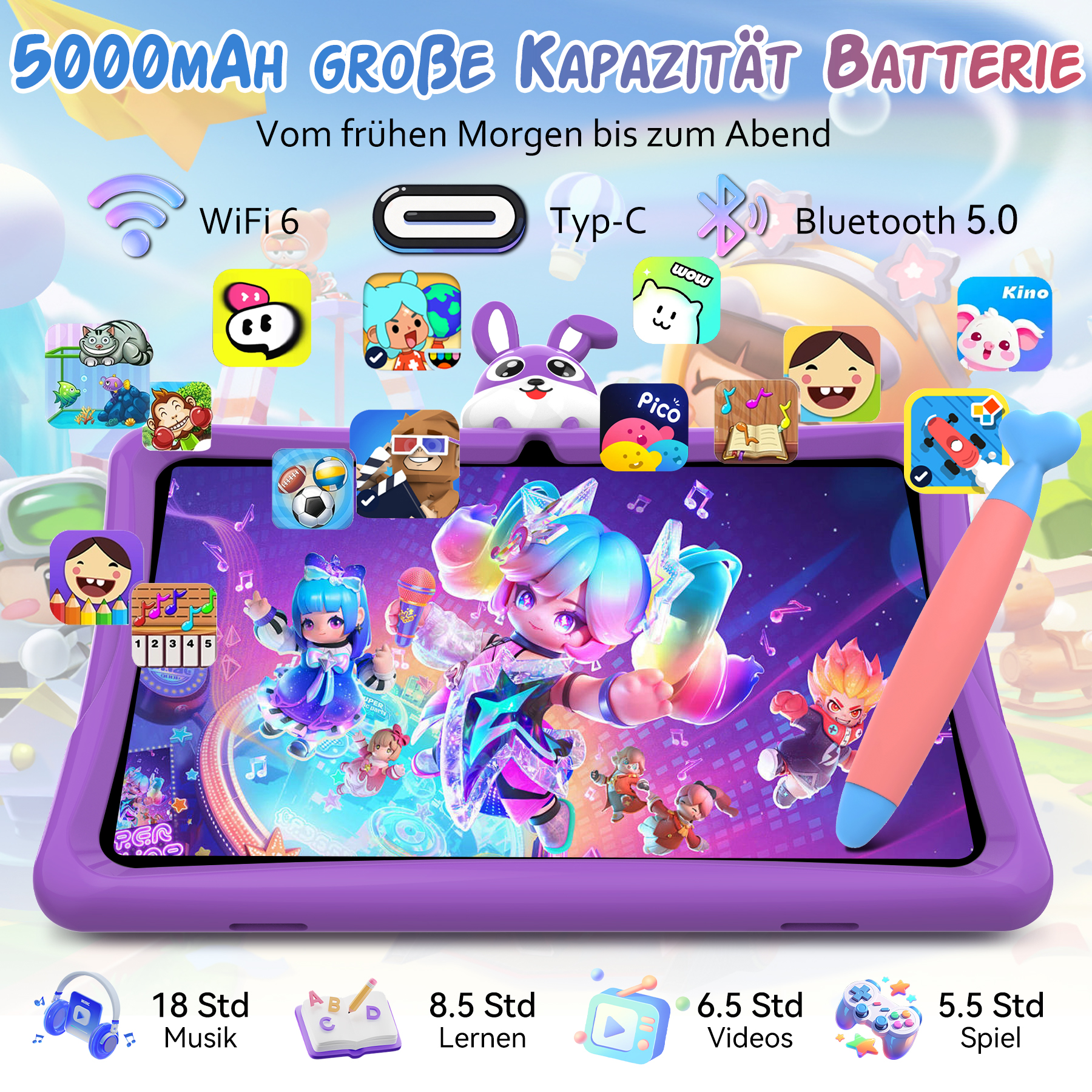 Lila Kinder-Tablet mit bunten Cartoon-Symbolen und einem Stift.