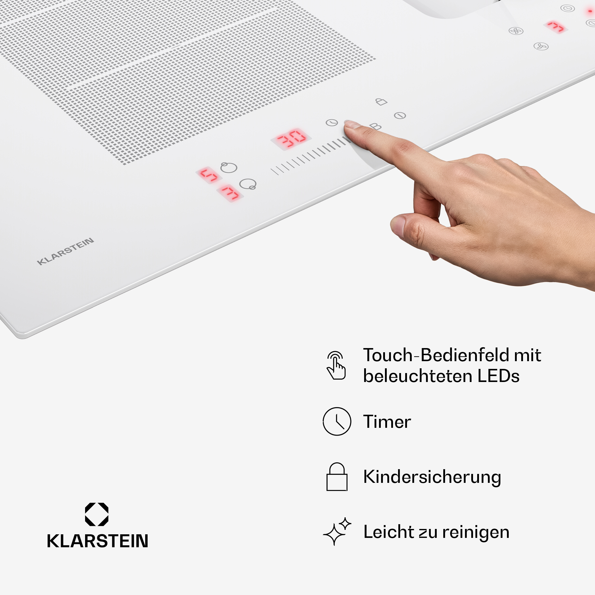Eine Hand bedient das weiße Touch-Bedienfeld eines Klarstein Induktionskochfelds mit roten LED-Anzeigen.