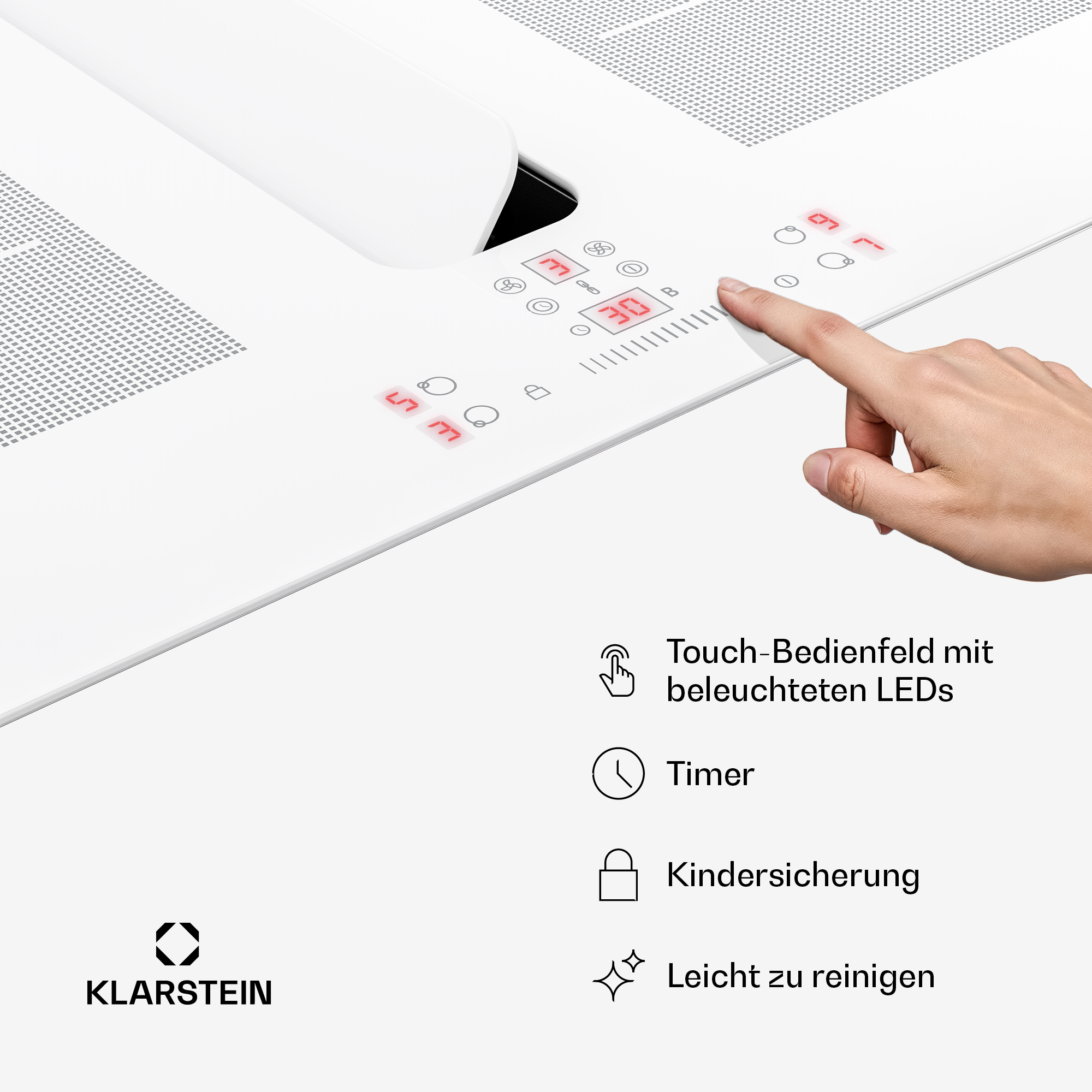 Hand bedient ein weißes Induktionskochfeld mit roten LED-Anzeigen und Touch-Bedienfeld.