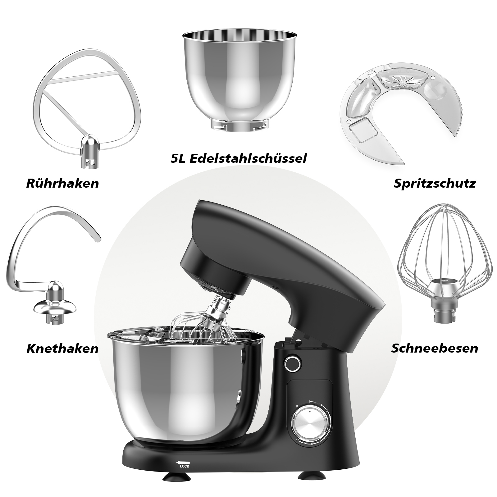 Schwarze Küchenmaschine mit Edelstahlschüssel und Zubehör wie Rührhaken, Knethaken, Schneebesen und Spritzschutz.