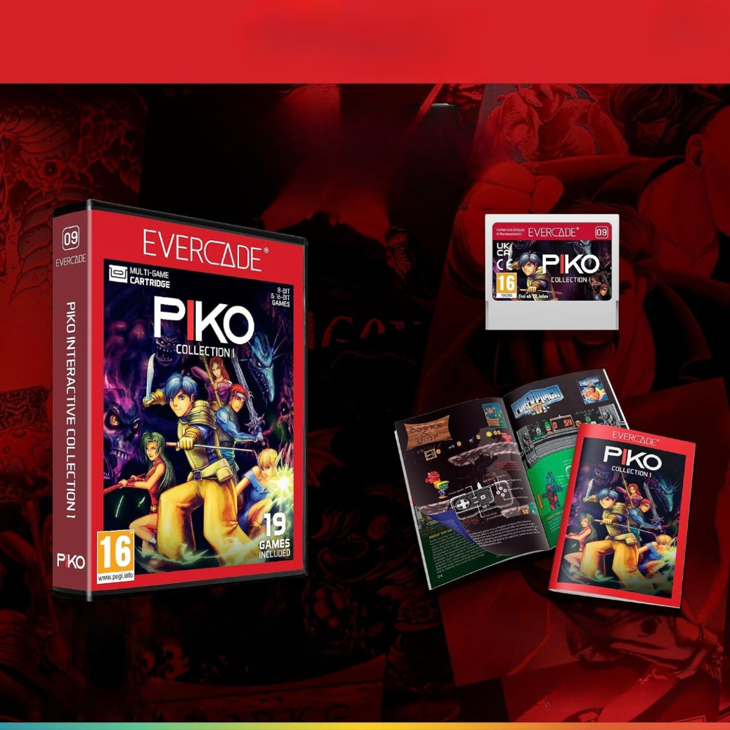 Custodia del gioco Evercade Piko Collection 1 con manuale e cartuccia su sfondo rosso.