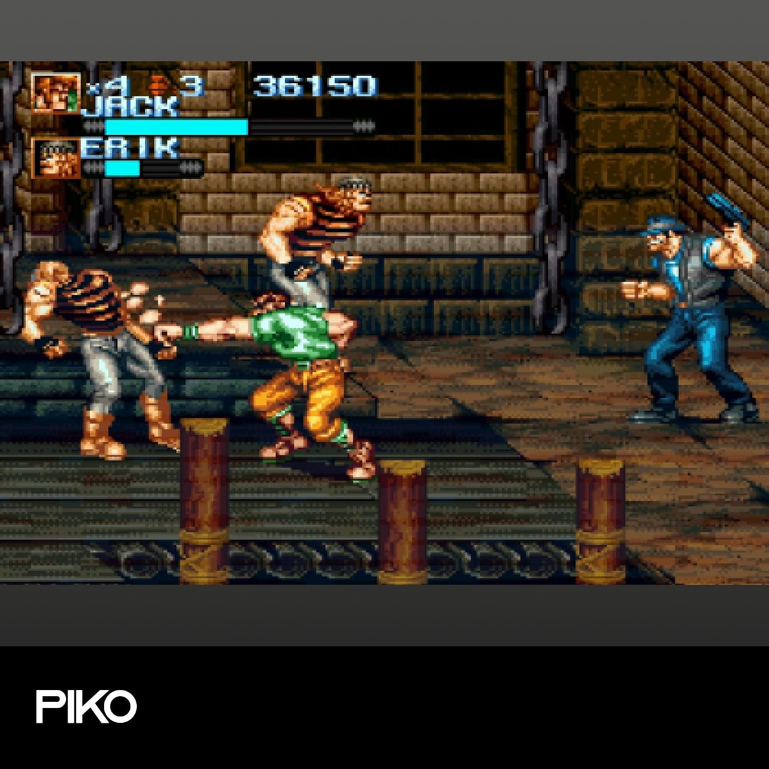 Scena di gioco di combattimento in pixel con personaggi in una prigione di pietra.