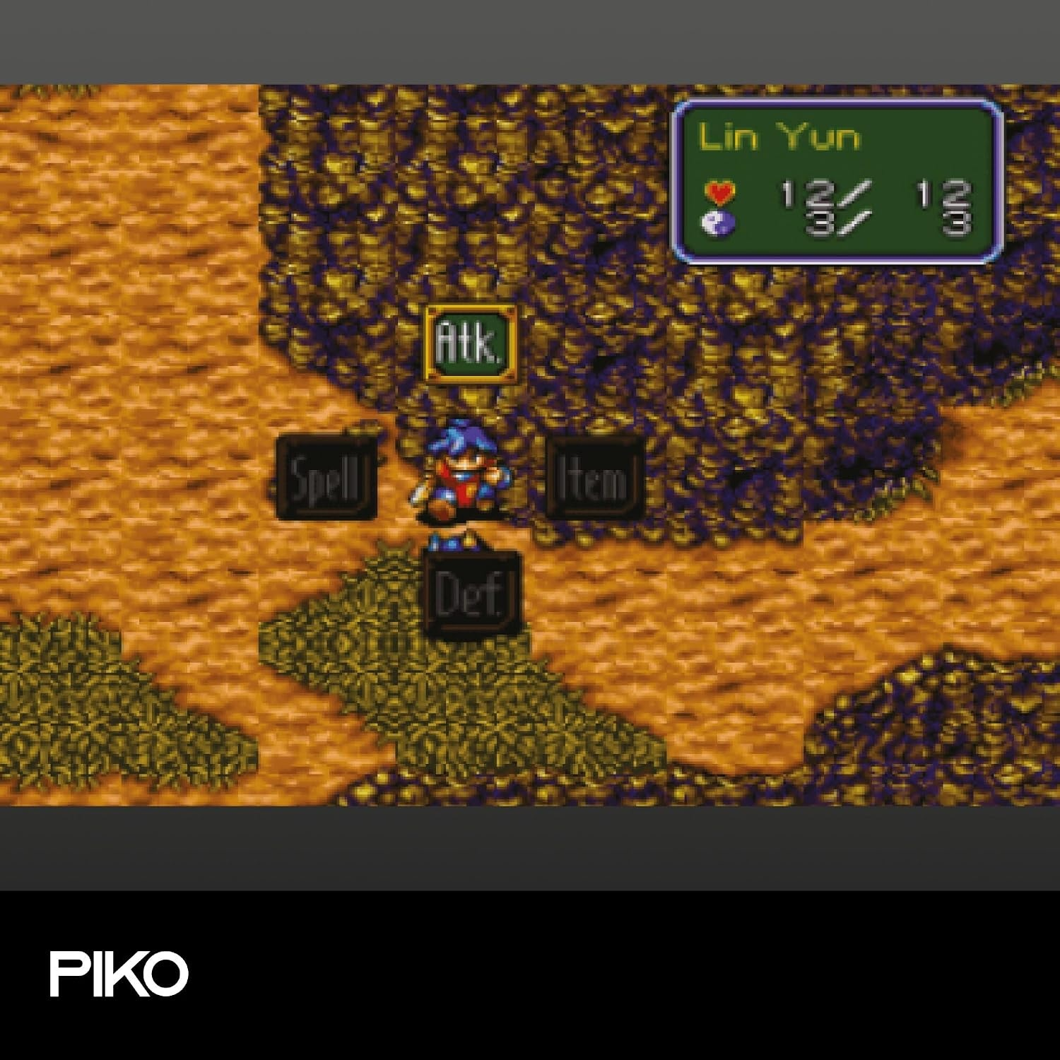 Un menu RPG pixel art mostra un personaggio di nome Lin Yun con le opzioni di azione Atk, Spell, Item e Def.
