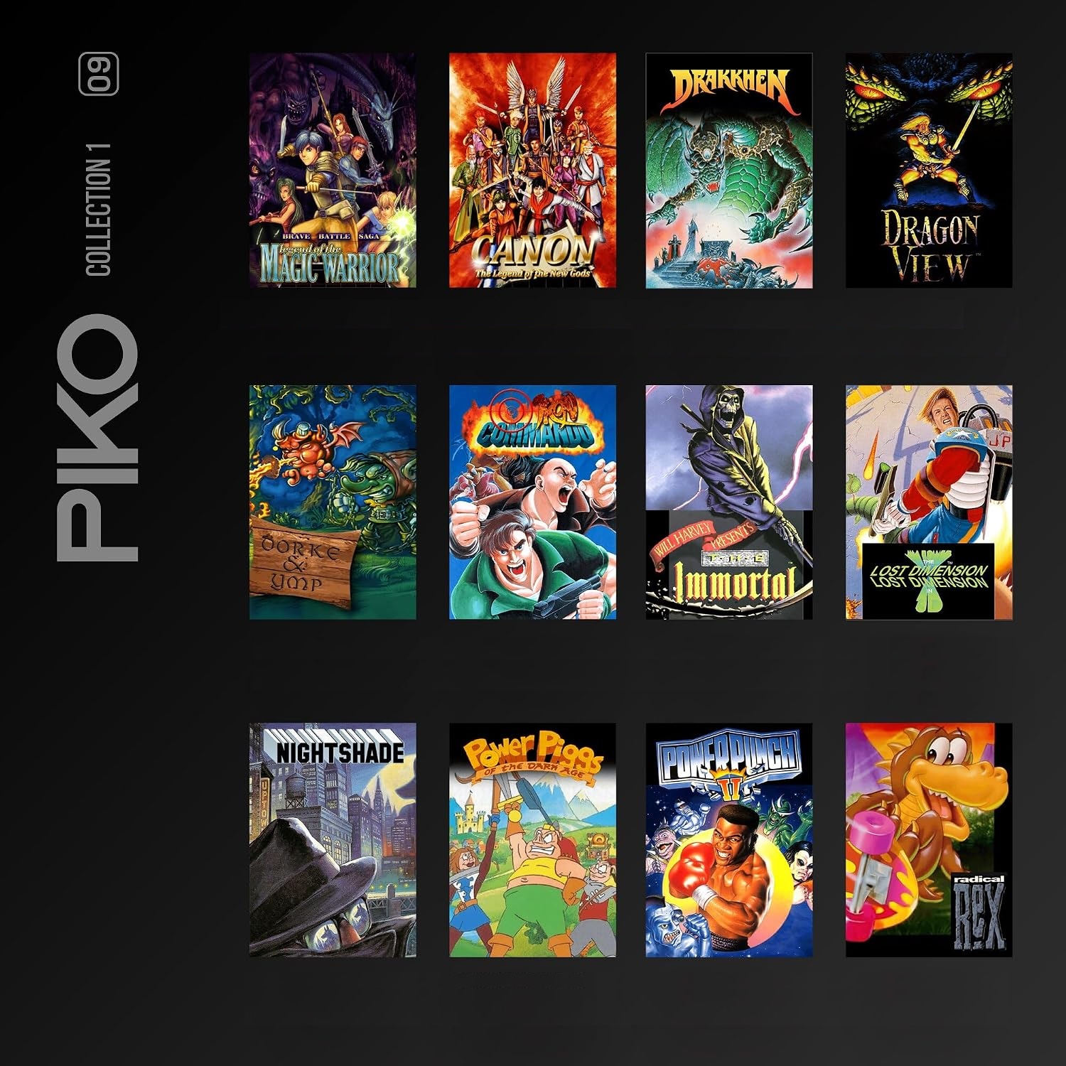 Una griglia di dodici copertine di videogiochi vintage con temi fantasy, sci-fi e d'azione su sfondo nero.