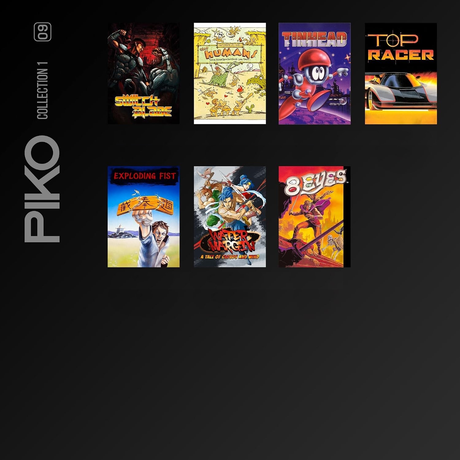 Una collezione di sette copertine di videogiochi retro su sfondo nero con il logo Piko a sinistra.