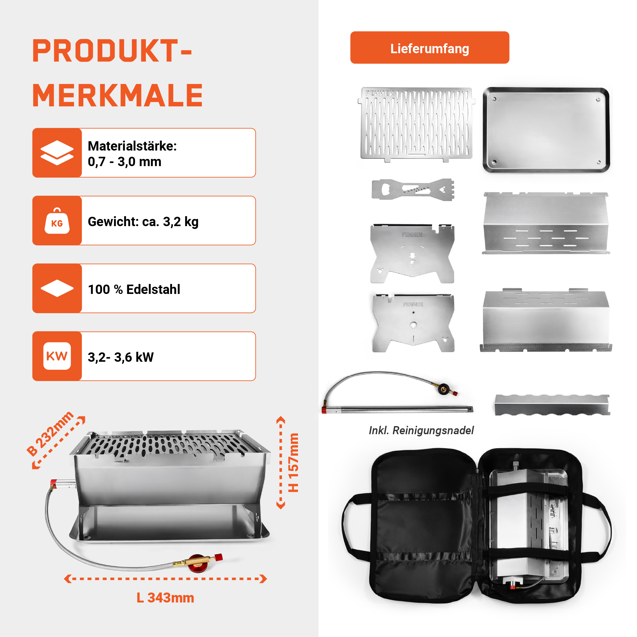 Infografik zeigt Produktdetails, Maße und den Lieferumfang eines Edelstahlofen mit Tasche.