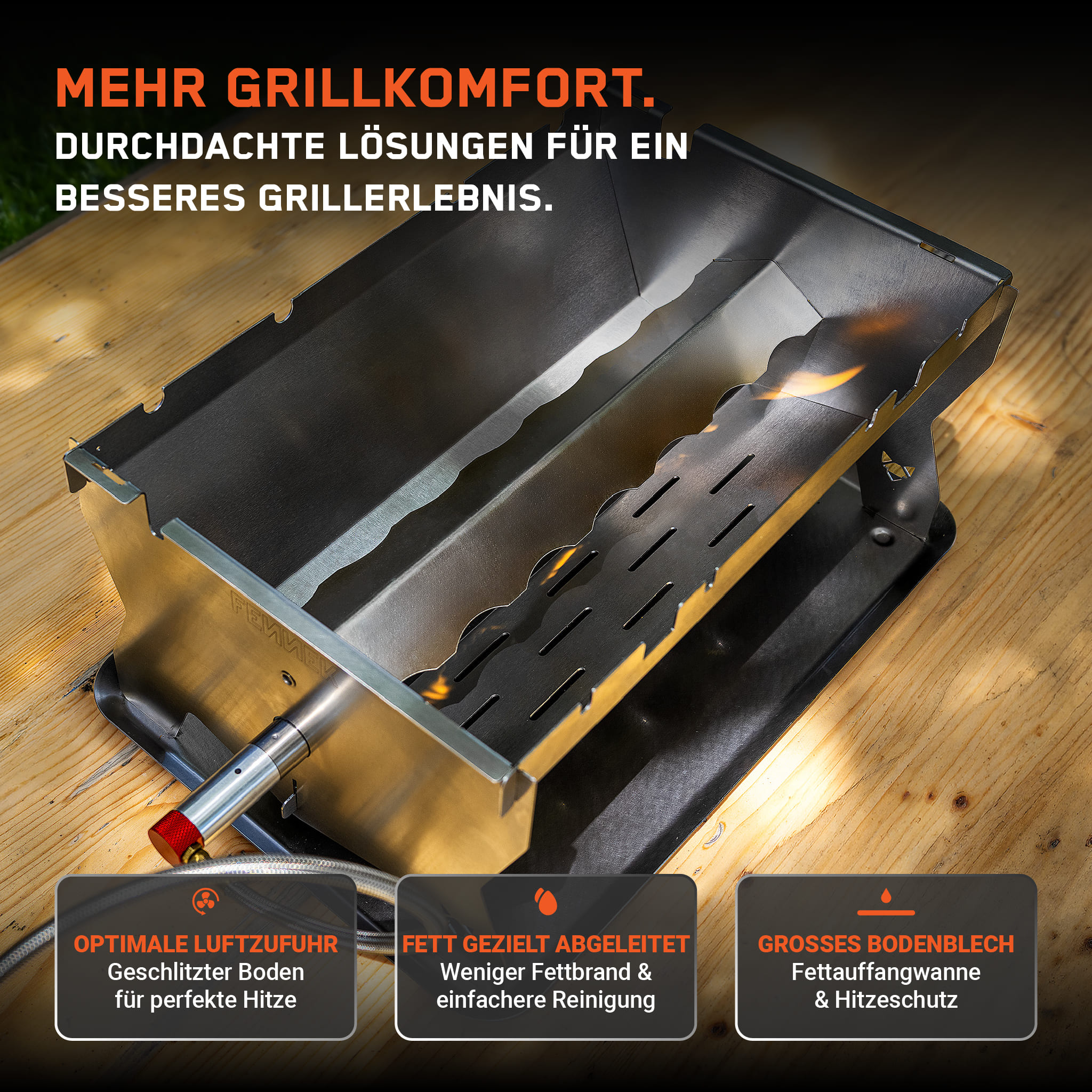 Edelstahl Grill auf Holztisch mit Text und Symbolen für Luftzufuhr, Fetthe اتباع und Hitzeschutz.