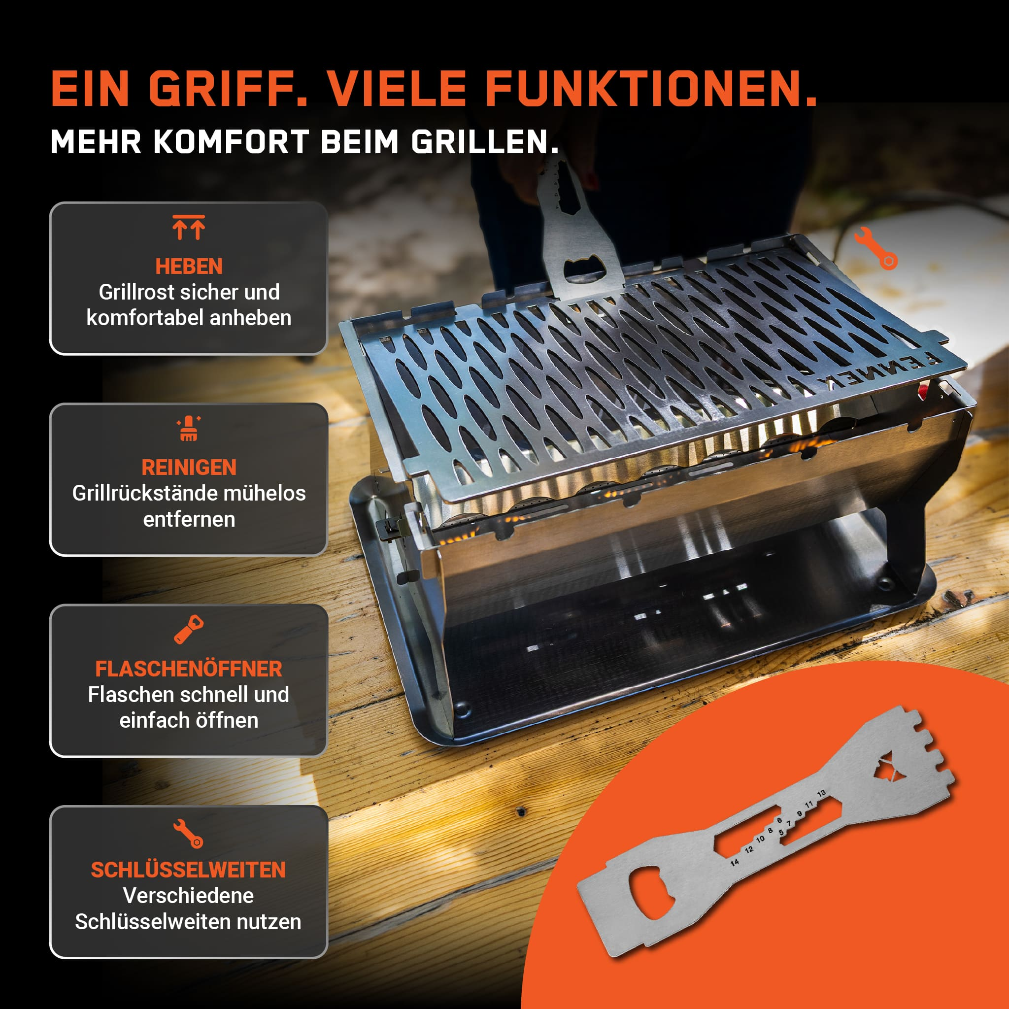 Ein tragbarer Edelstahltischgrill auf einem Holztisch zeigt multifunktionale Werkzeuge und deutsche Beschriftung.