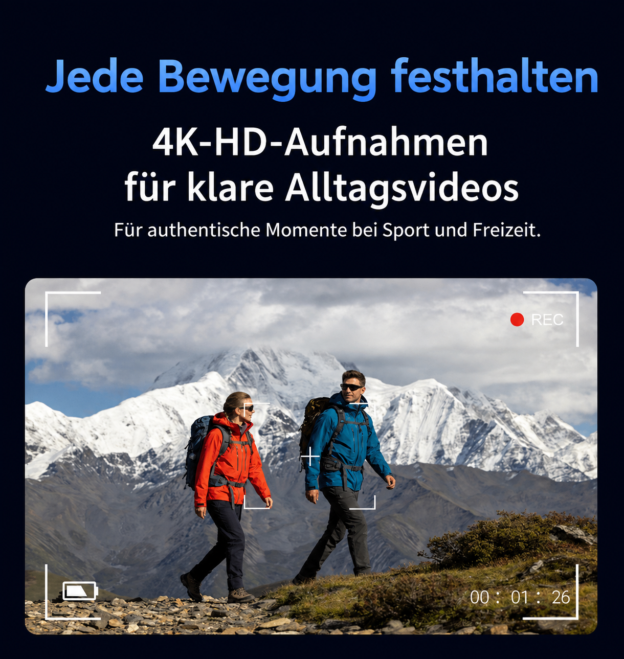 Wanderer in verschneiter Berglandschaft mit Kameraschnittstelle auf dem Bild.