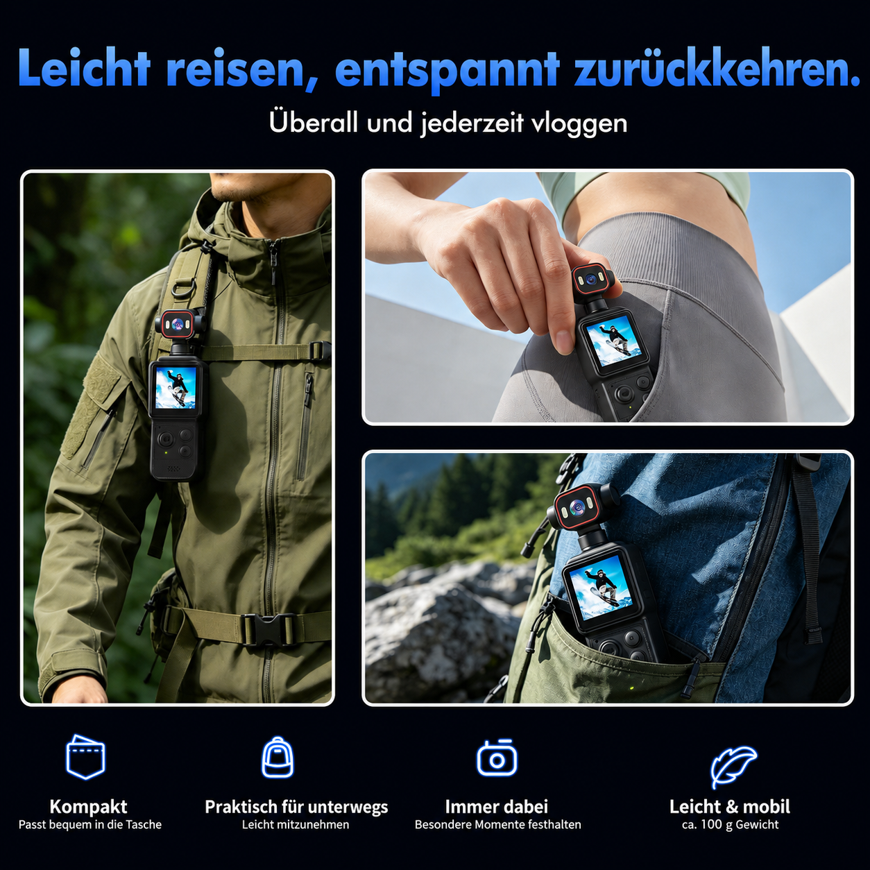 Kompakte Vlog-Kamera in verschiedenen Situationen an Kleidung befestigt.
