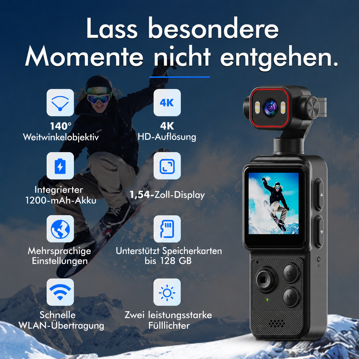 Schwarze Actioncam mit Display und Kamerasensor vor verschneitem Bergpanorama mit Icons für Funktionen.