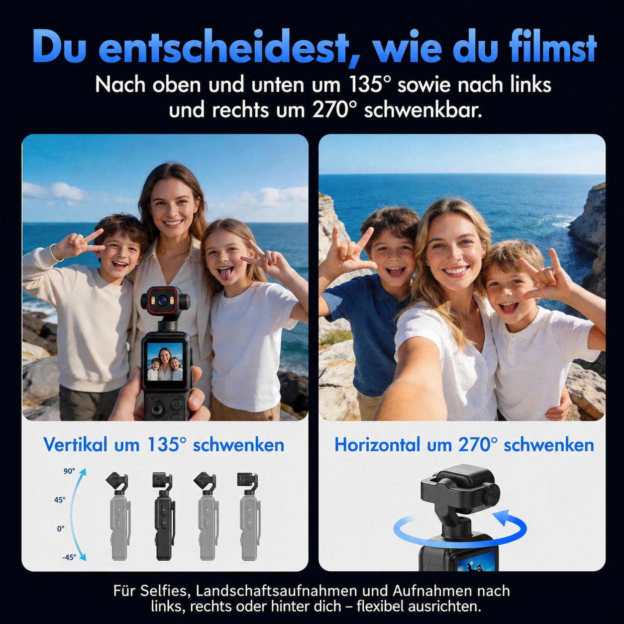 Eine Hand hält eine kompakte Action-Kamera, die eine Familie am Strand filmt. Infografik zur Schwenkfunktion.