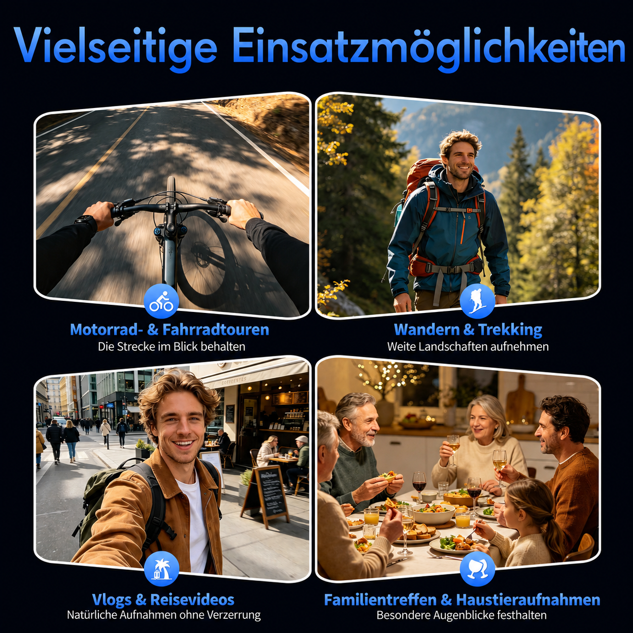 Vier Bilder zeigen verschiedene Aktivitäten wie Radfahren, Wandern, Vlogging und Familienessen.