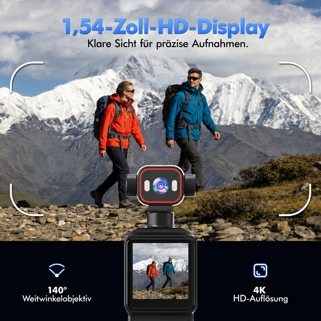 Kompakte Gimbal-Kamera im Vordergrund filmt zwei Wanderer vor einer verschneiten Bergkulisse.