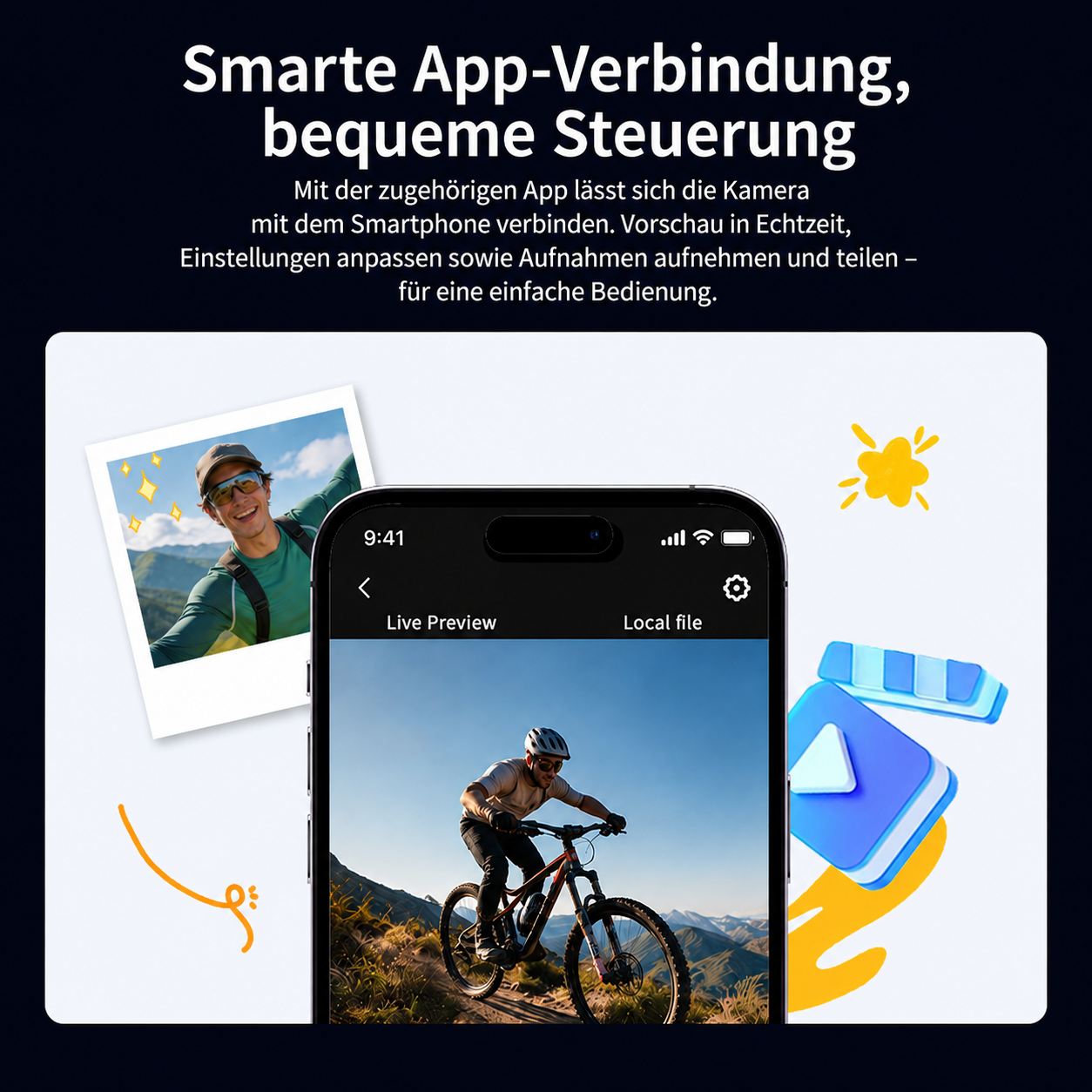 Smartphone mit Live-Vorschau der Kamera-App, daneben ein Polarofoto und App-Grafiken auf hellem Hintergrund.