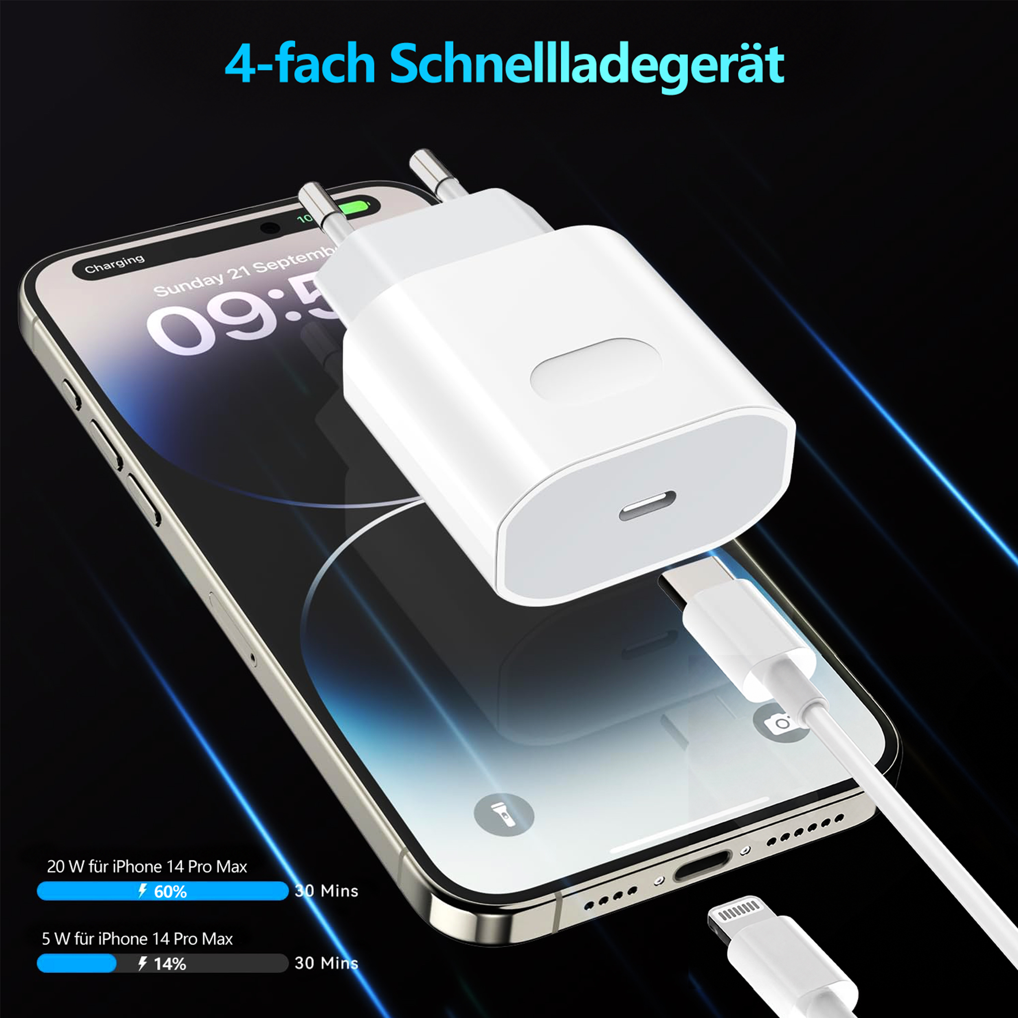 Ein weißes Schnellladegerät und ein USB-C-Kabel neben einem ladenden Smartphone vor dunklem Hintergrund.