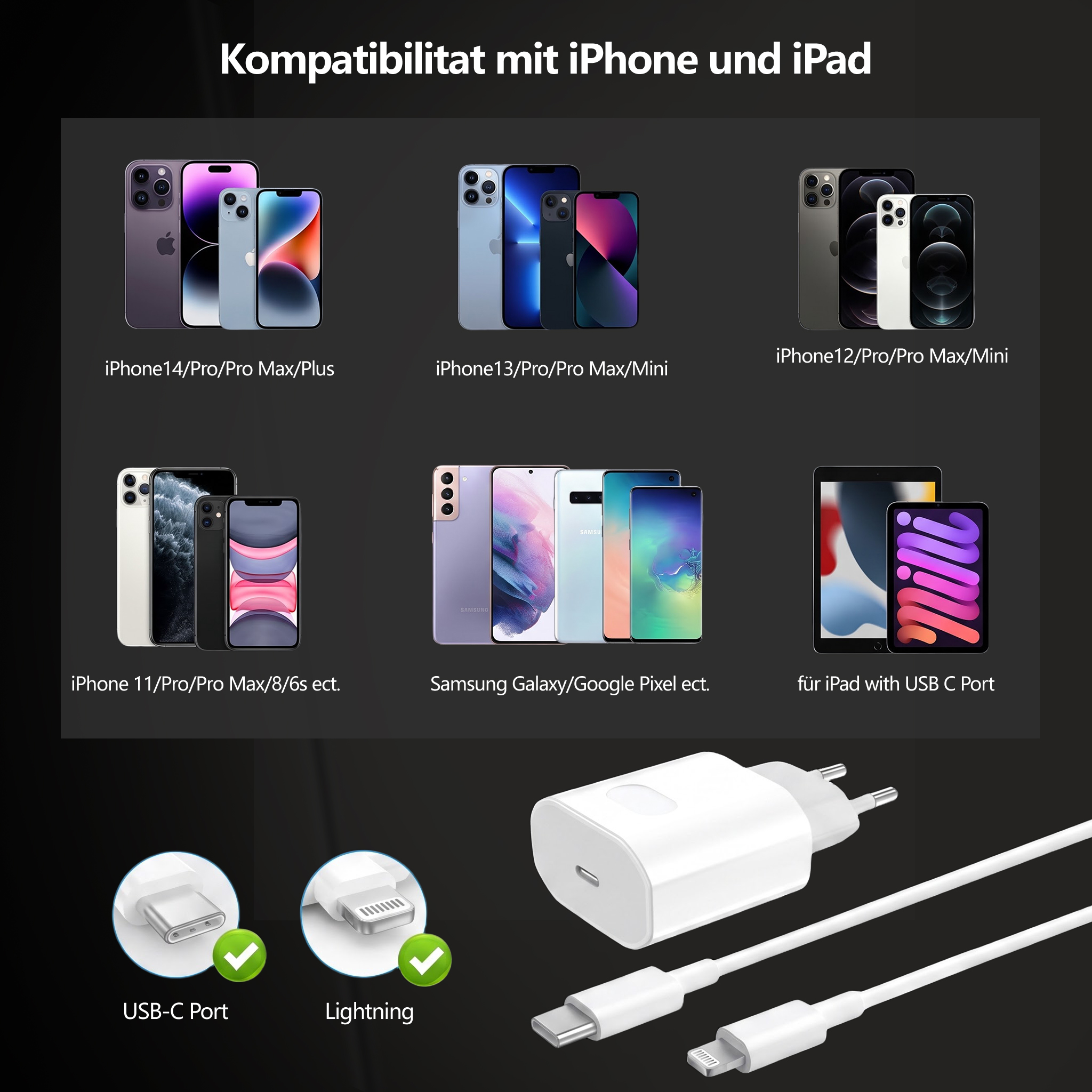 Kompatibilitätsübersicht für Apple- und Android-Geräte mit weißem USB-C-Ladegerät und Kabeln.