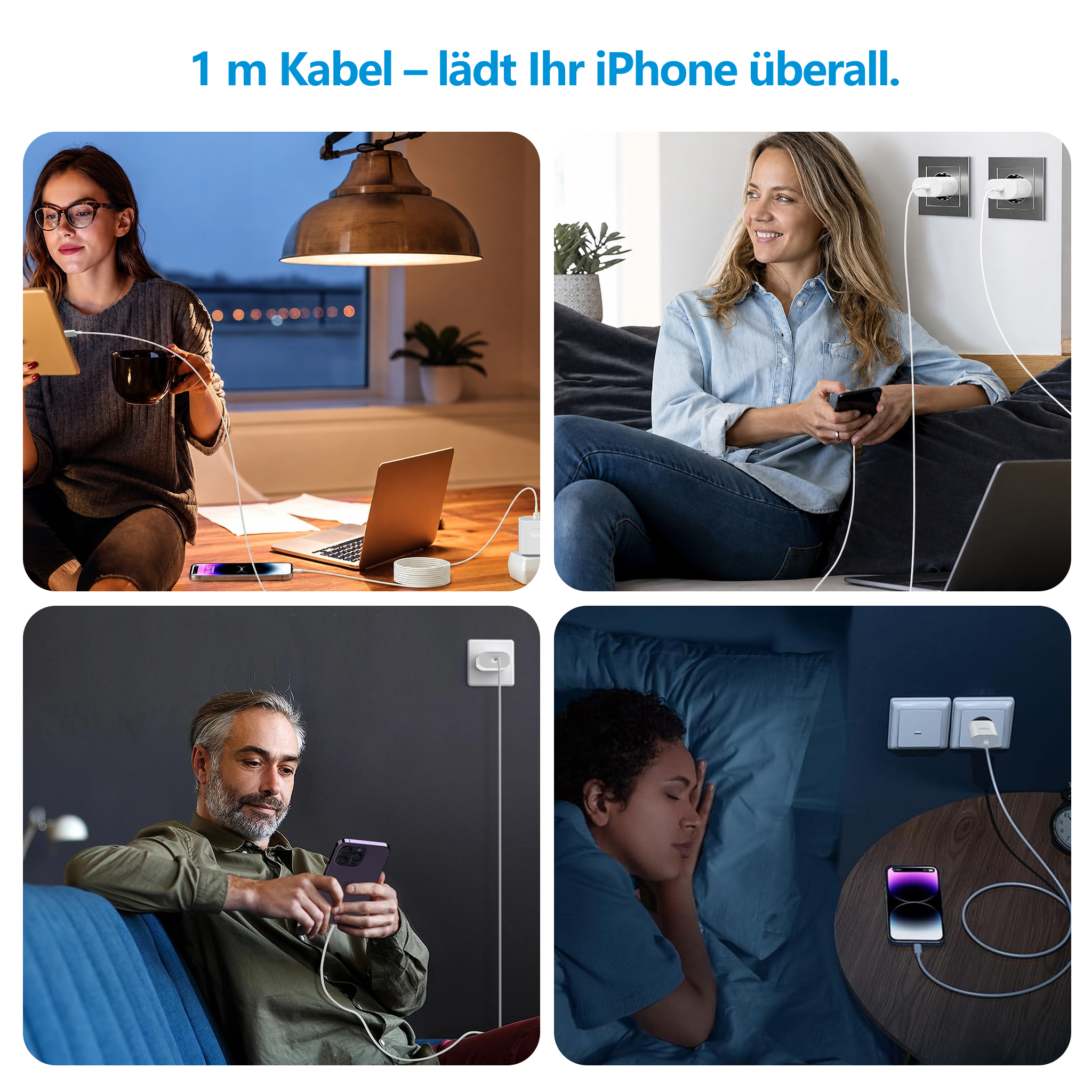 Vier Bilder zeigen Menschen, die ihre Smartphones in verschiedenen Szenarien mit einem 1-Meter-Kabel laden.