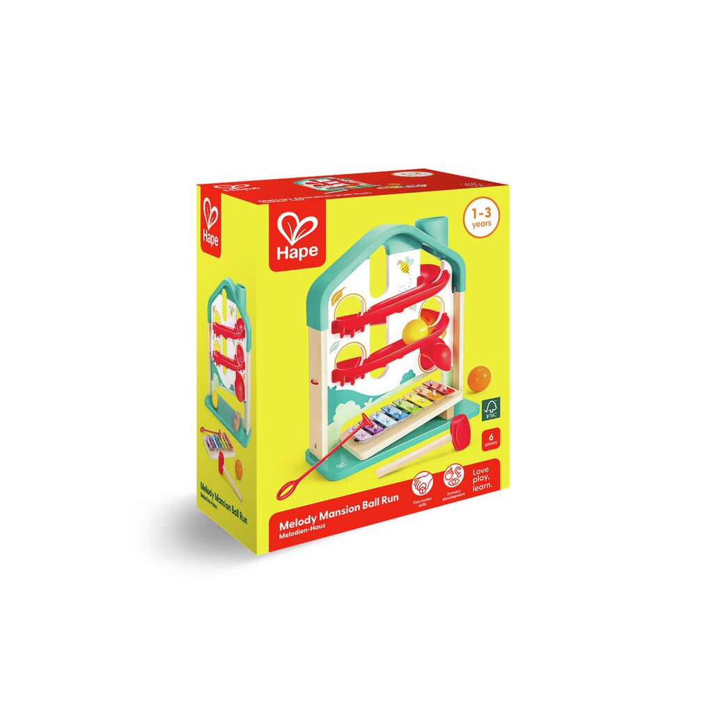 Bunte Hape Kugelbahn als Melodie-Haus für Kleinkinder von 1 bis 3 Jahren, mit Xylophon und rotem Hammer.