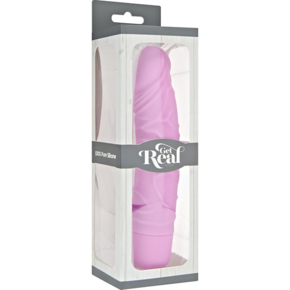 Rosa Silikon-Dildo in einer grauen und weißen Verpackung.