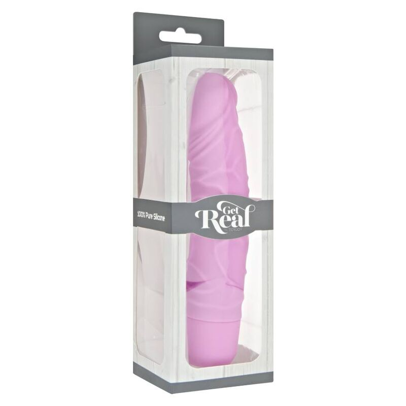 Lila Silikon-Dildo in Verpackung mit Get Real-Logo auf weißem Hintergrund.