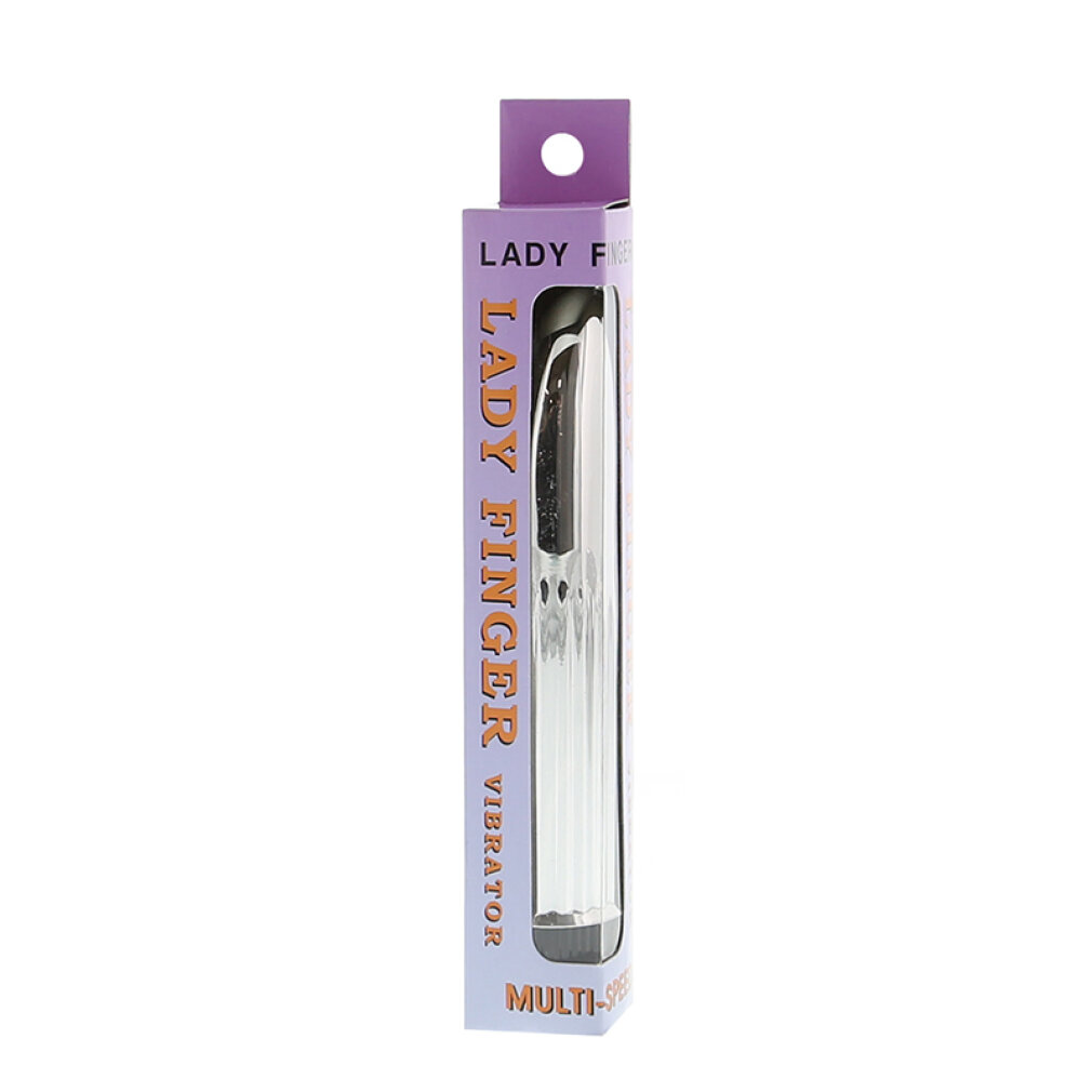 Lila Verpackung mit dem Aufdruck Lady Finger Vibrator und einem Ausschnitt, der das silberne Produkt zeigt.