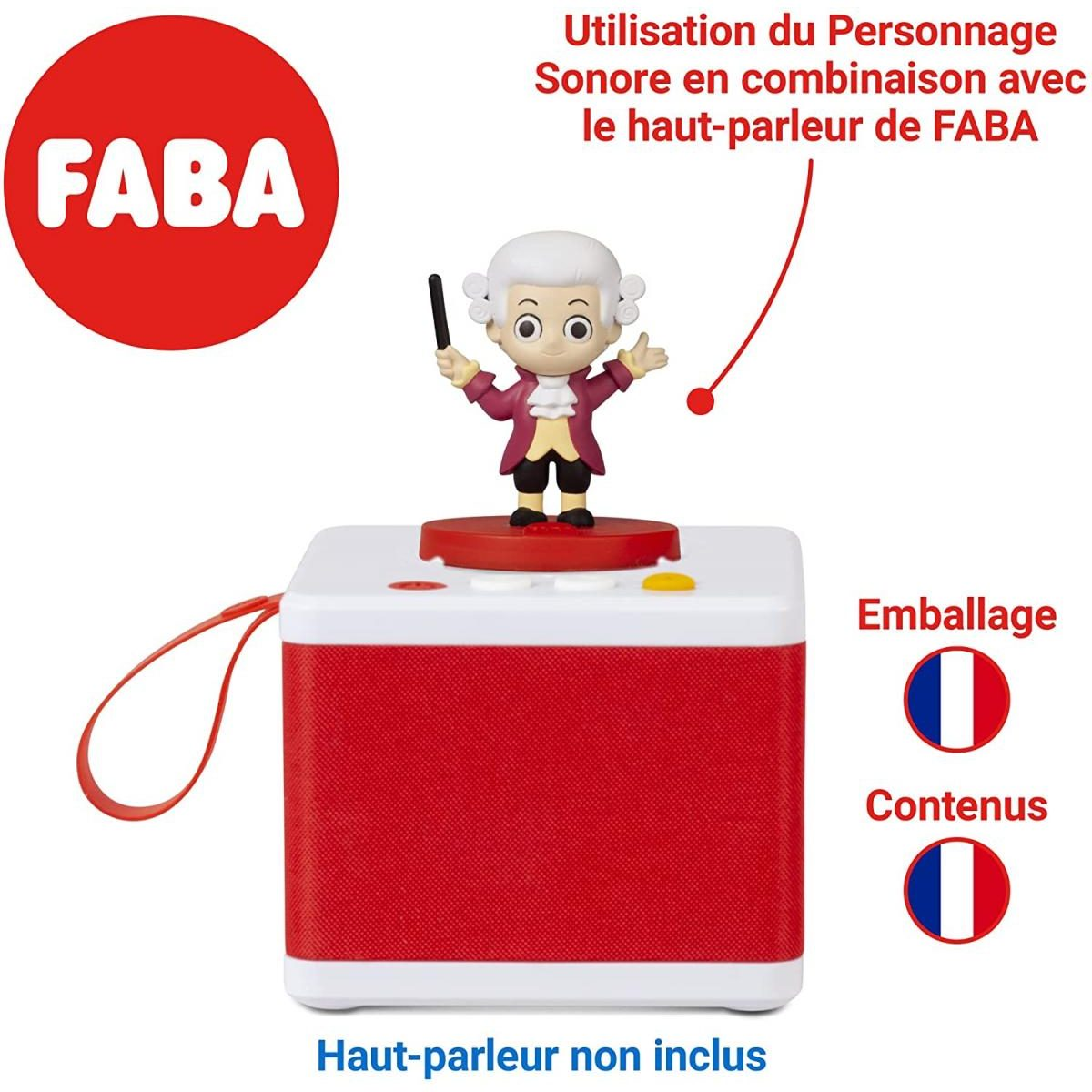 Ein FABA-Lautsprecher mit einer Mozart-Figur oben, rotem Riemen und französischem Text.