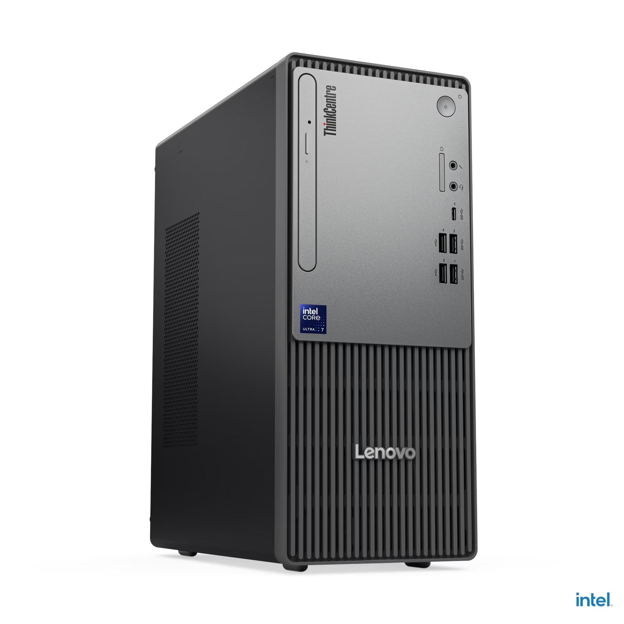 Beyaz arka planda bağlantı noktalarına ve Intel Core Ultra 7 logosuna sahip siyah ve gri Lenovo ThinkCentre masaüstü bilgisayar.