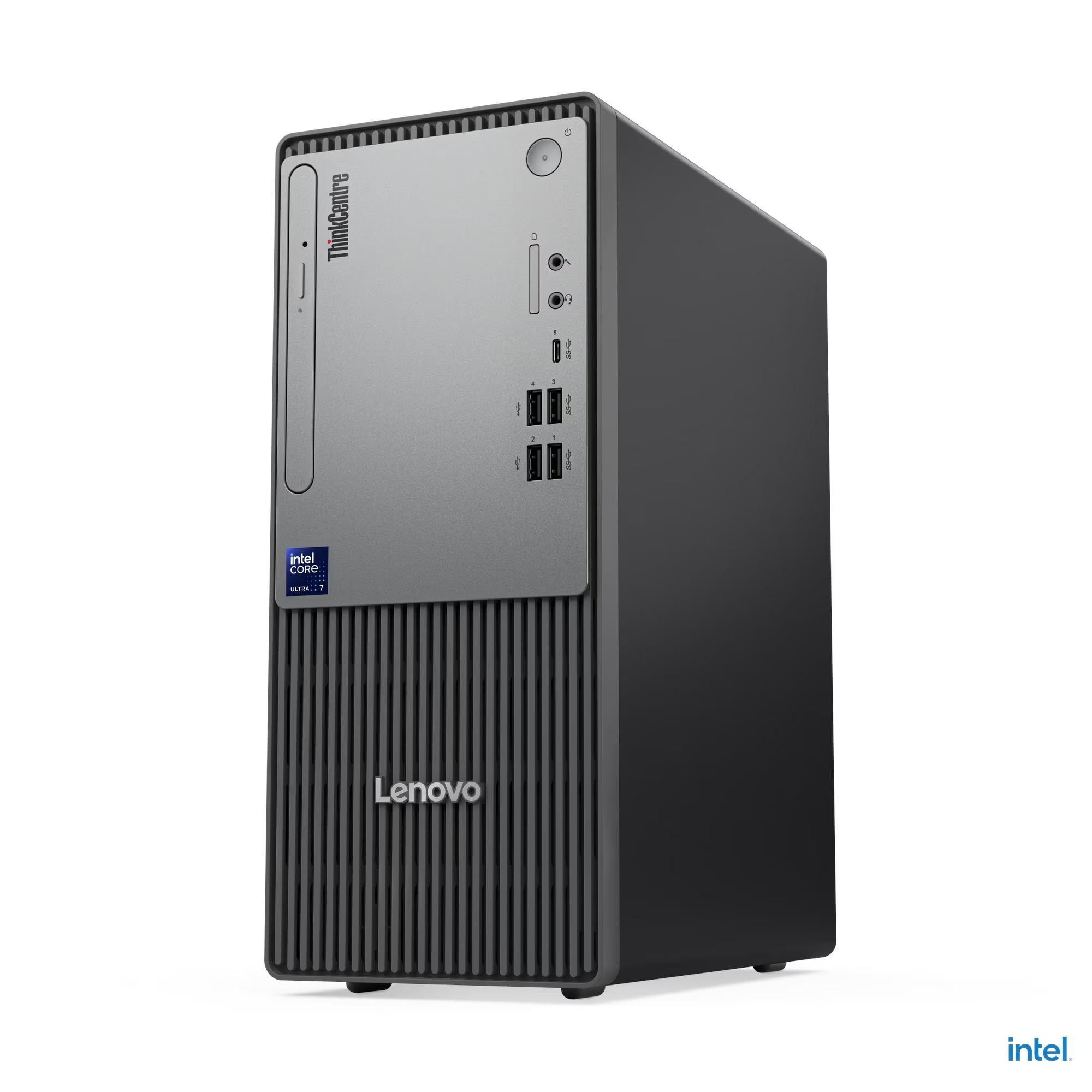 Gri ve siyah renkli Lenovo ThinkCentre masaüstü bilgisayar, USB bağlantı noktaları, optik sürücü ve Intel Core Ultra logosu.