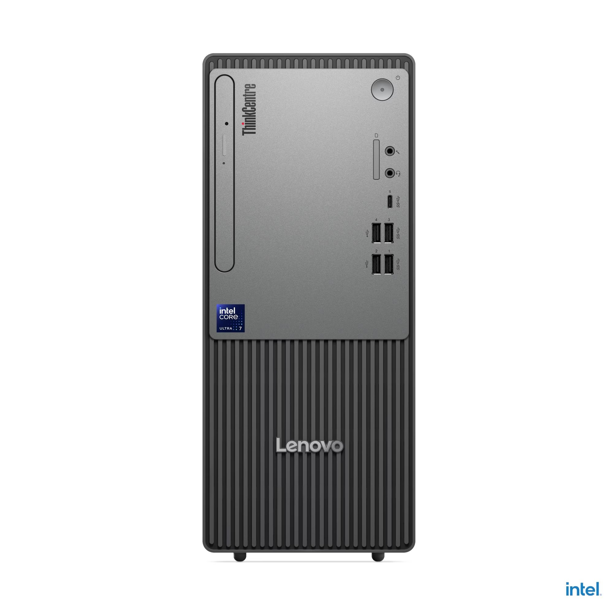 Dikey ızgaralara, optik sürücüye ve USB bağlantı noktalarına sahip gri bir Lenovo ThinkCentre kule PC'nin önden görünümü.