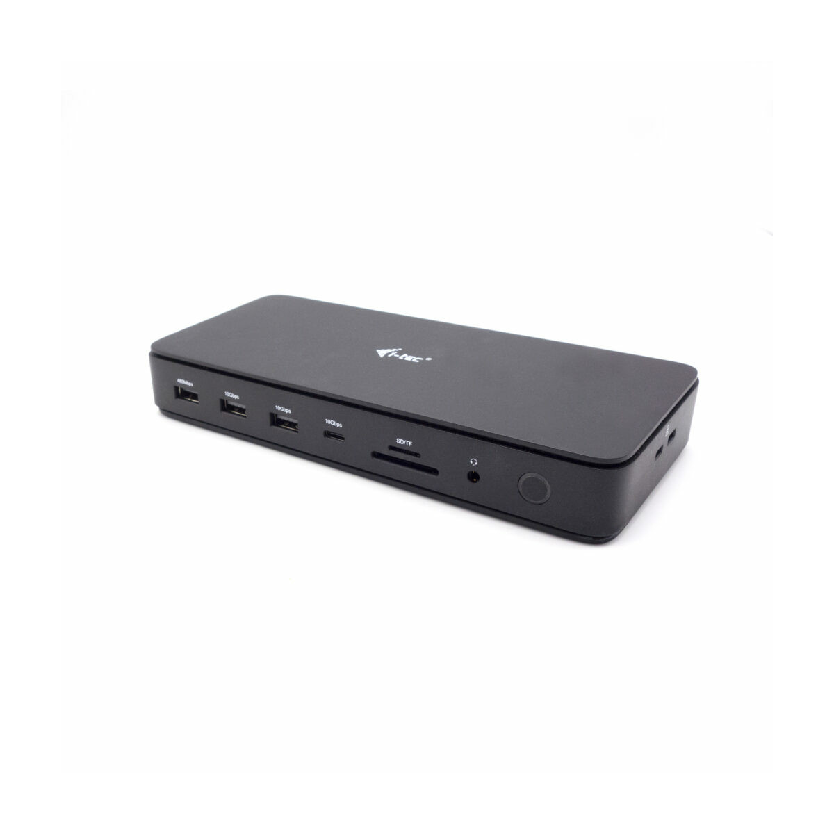 Black i-tec docking station with multiple USB ports, SD card slot, and audio jack against a white background.