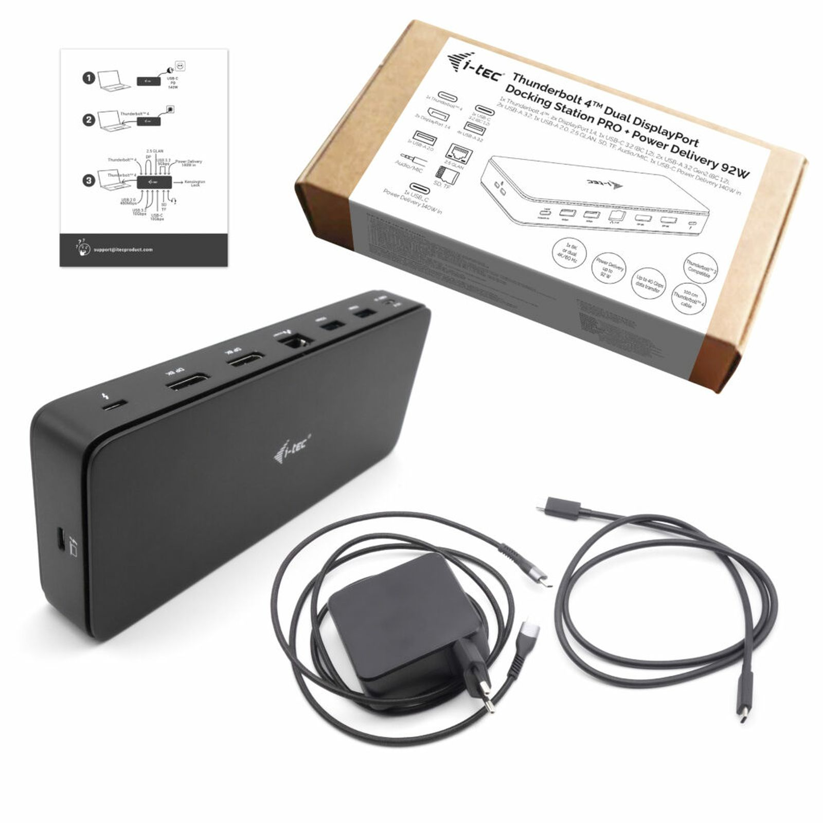 i-tec Thunderbolt 4 docking station with box, power adapter, cables, and manual on a white background.