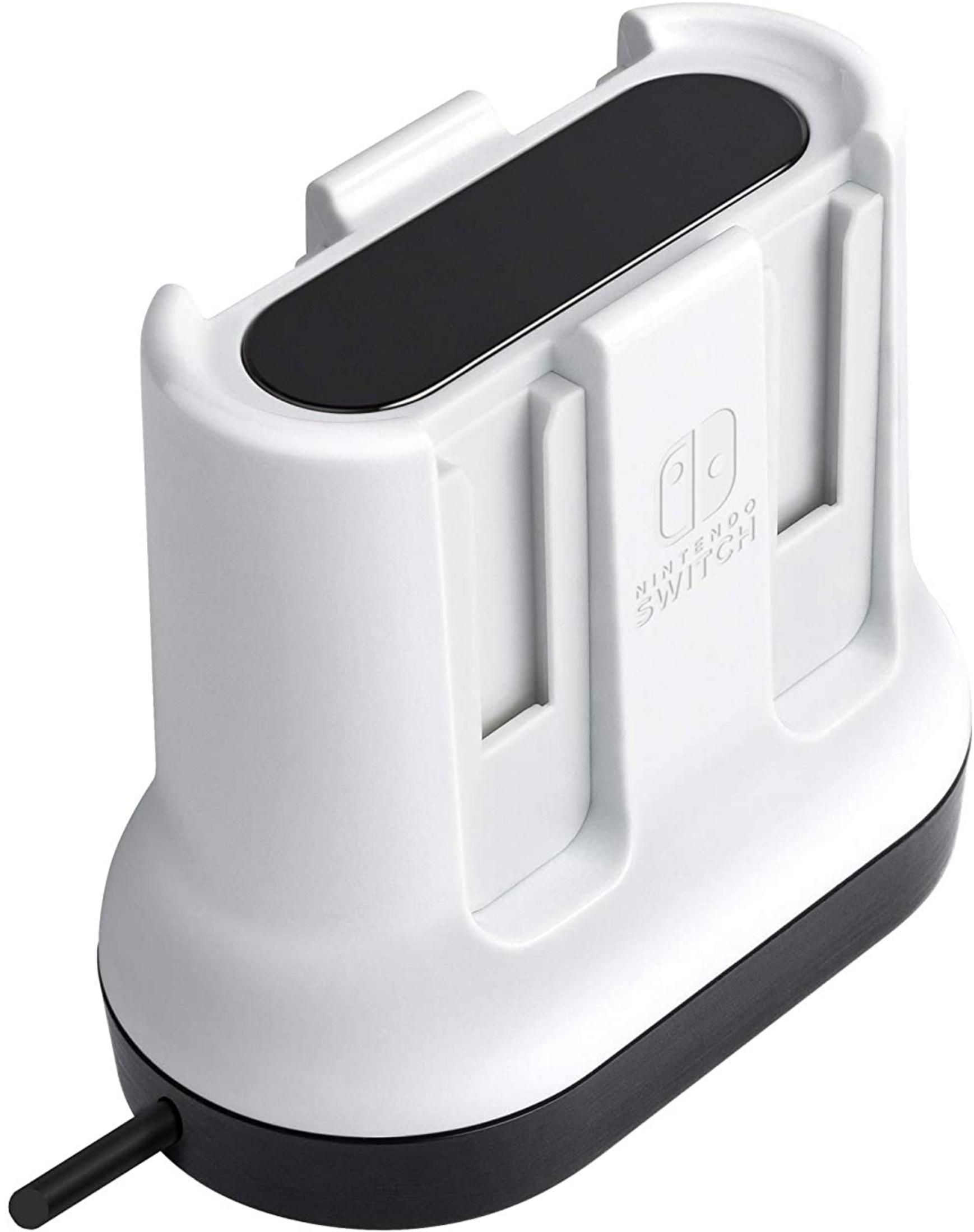 Base de carga blanca para Nintendo Switch Joy-Con con base y cable negros sobre fondo blanco.