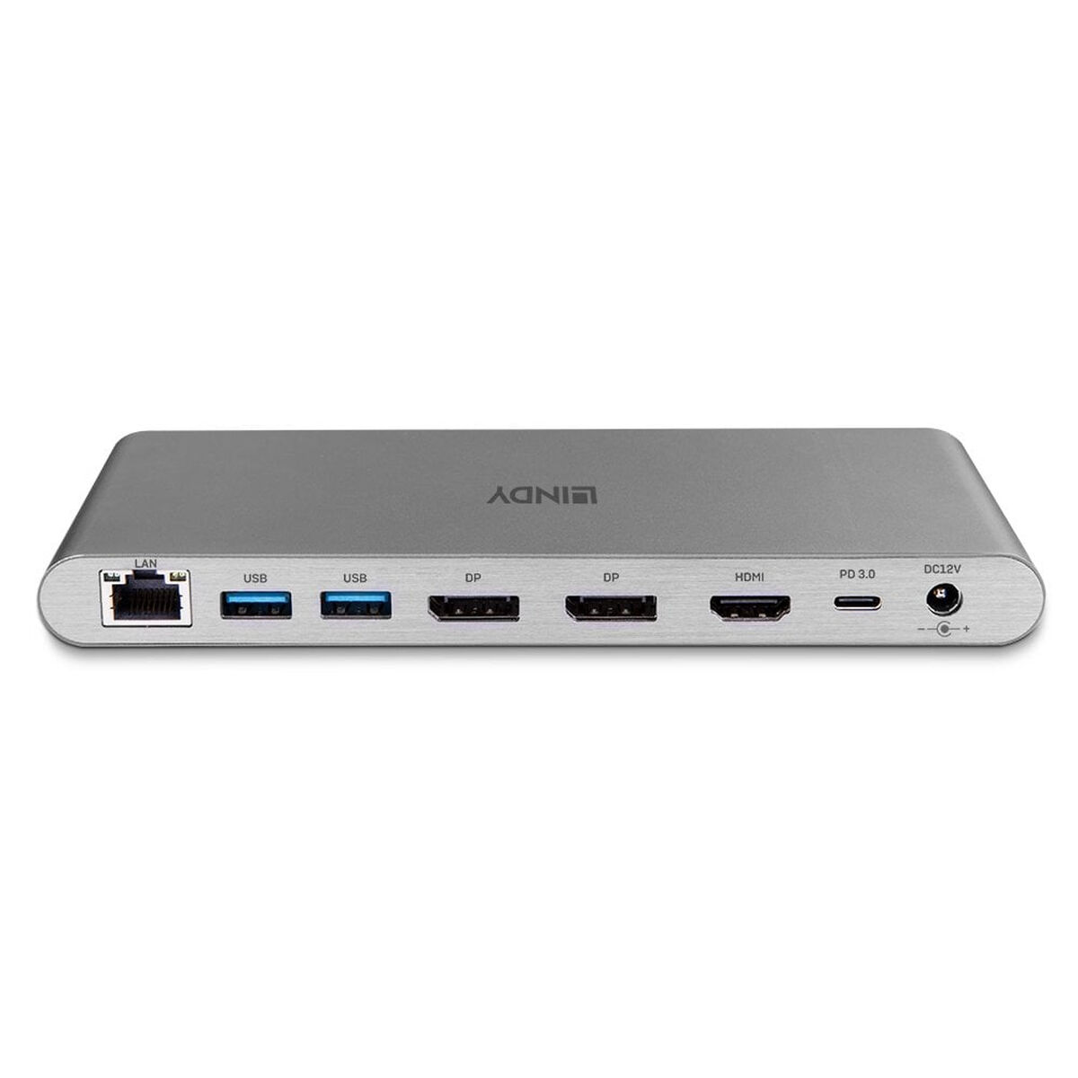 Silberne Lindy Dockingstation mit LAN, zwei USB, zwei DP, HDMI, USB-C und DC12V Anschlüssen auf weißem Grund.