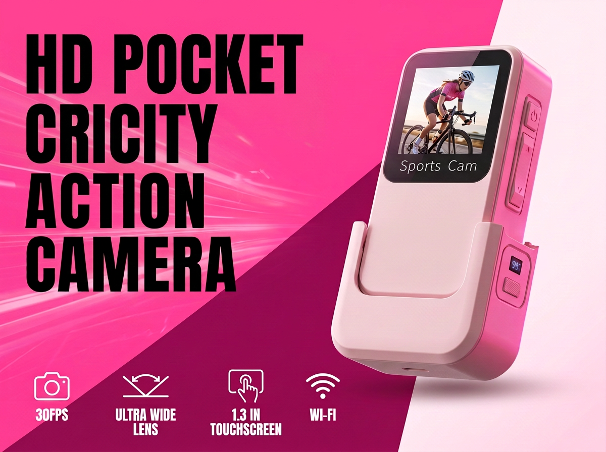 Rosa Pocket-Action-Kamera vor rosa Hintergrund mit Text und Radfahrer auf dem Display.