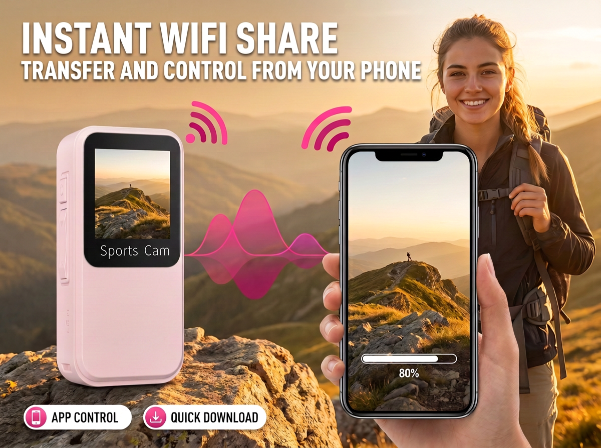 Eine Sportkamera und ein Smartphone zeigen drahtlose Datenübertragung vor einer Berglandschaft.